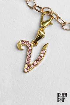 Gold Pink Italic Initial V Dangle Charm