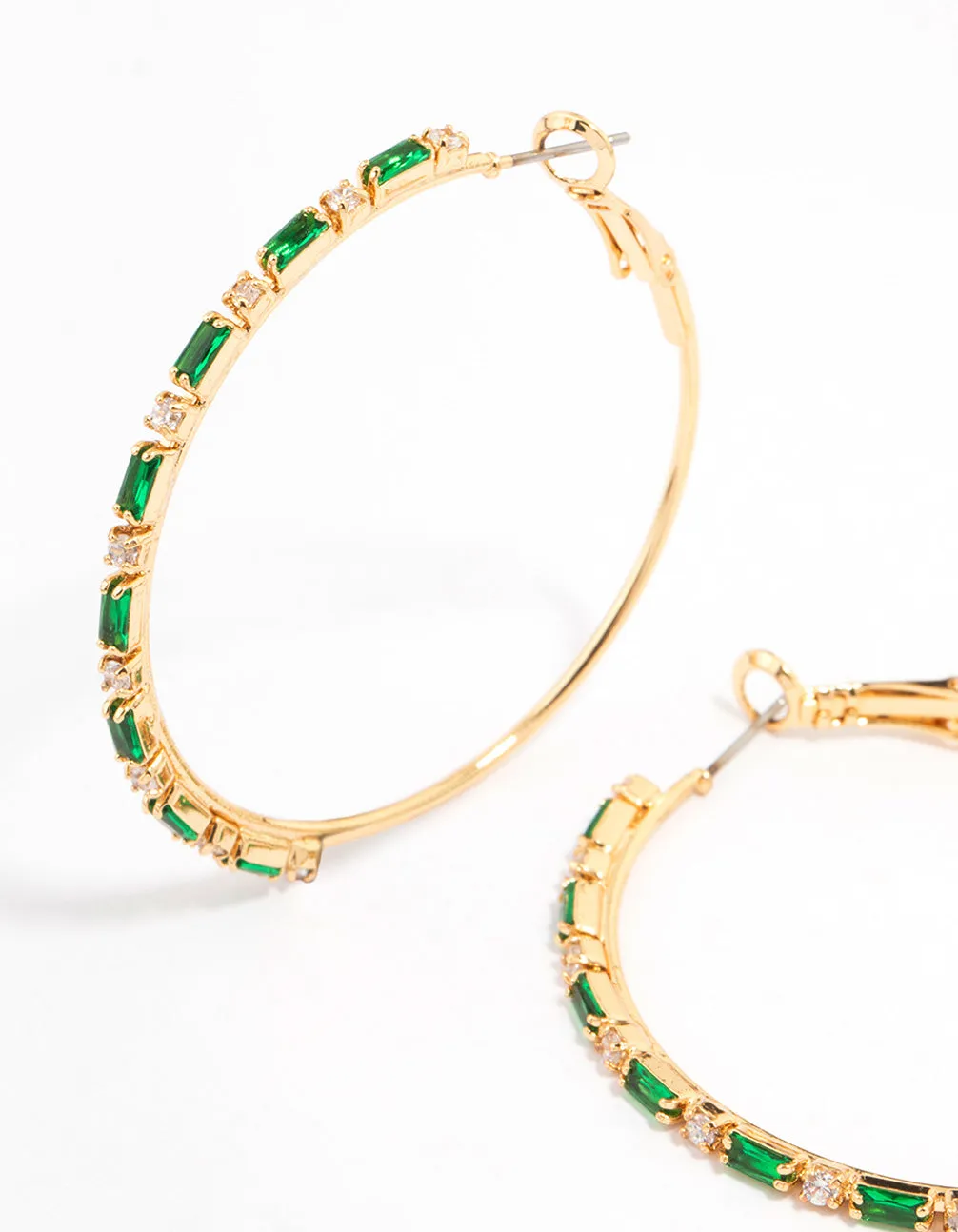 Gold Plated Emerald Round & Baguette Large Hoop Earrings