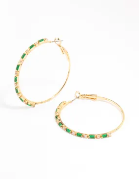 Gold Plated Emerald Round & Baguette Large Hoop Earrings