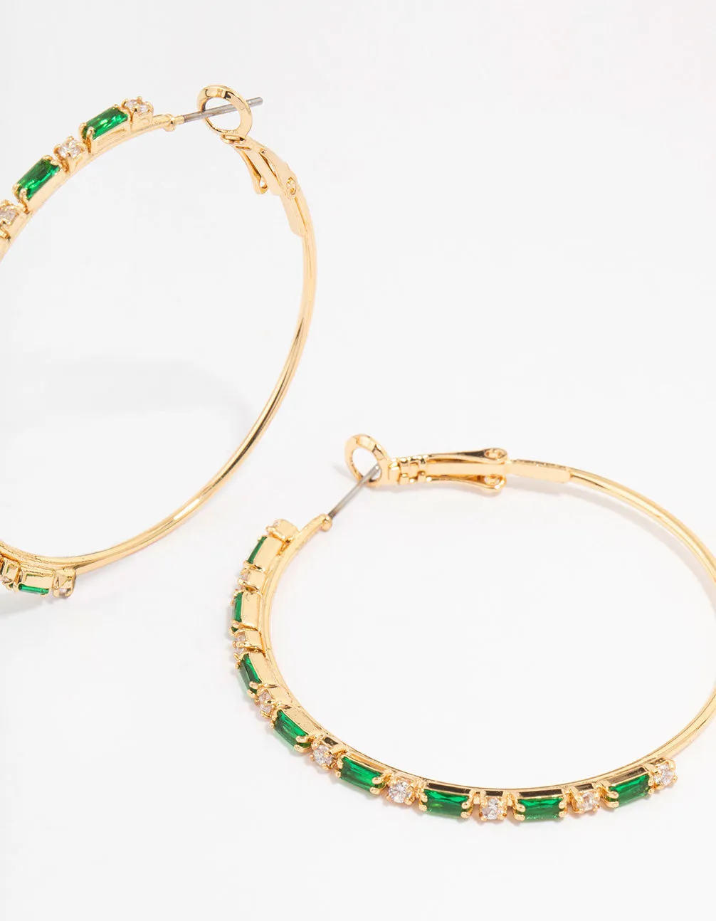 Gold Plated Emerald Round & Baguette Large Hoop Earrings