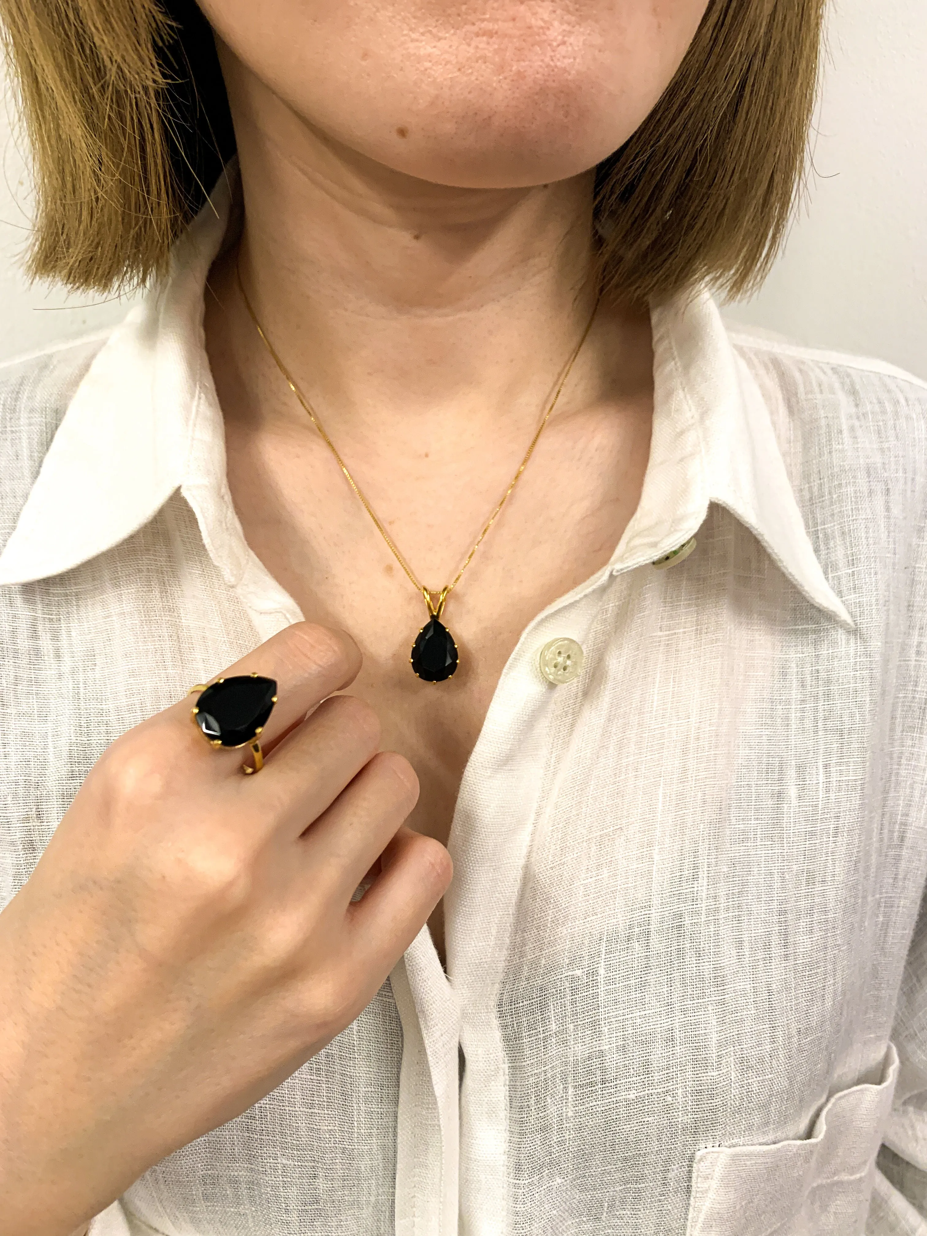 Gold Teardrop Pendant - Natural Onyx Necklace, Large Statement Pendant