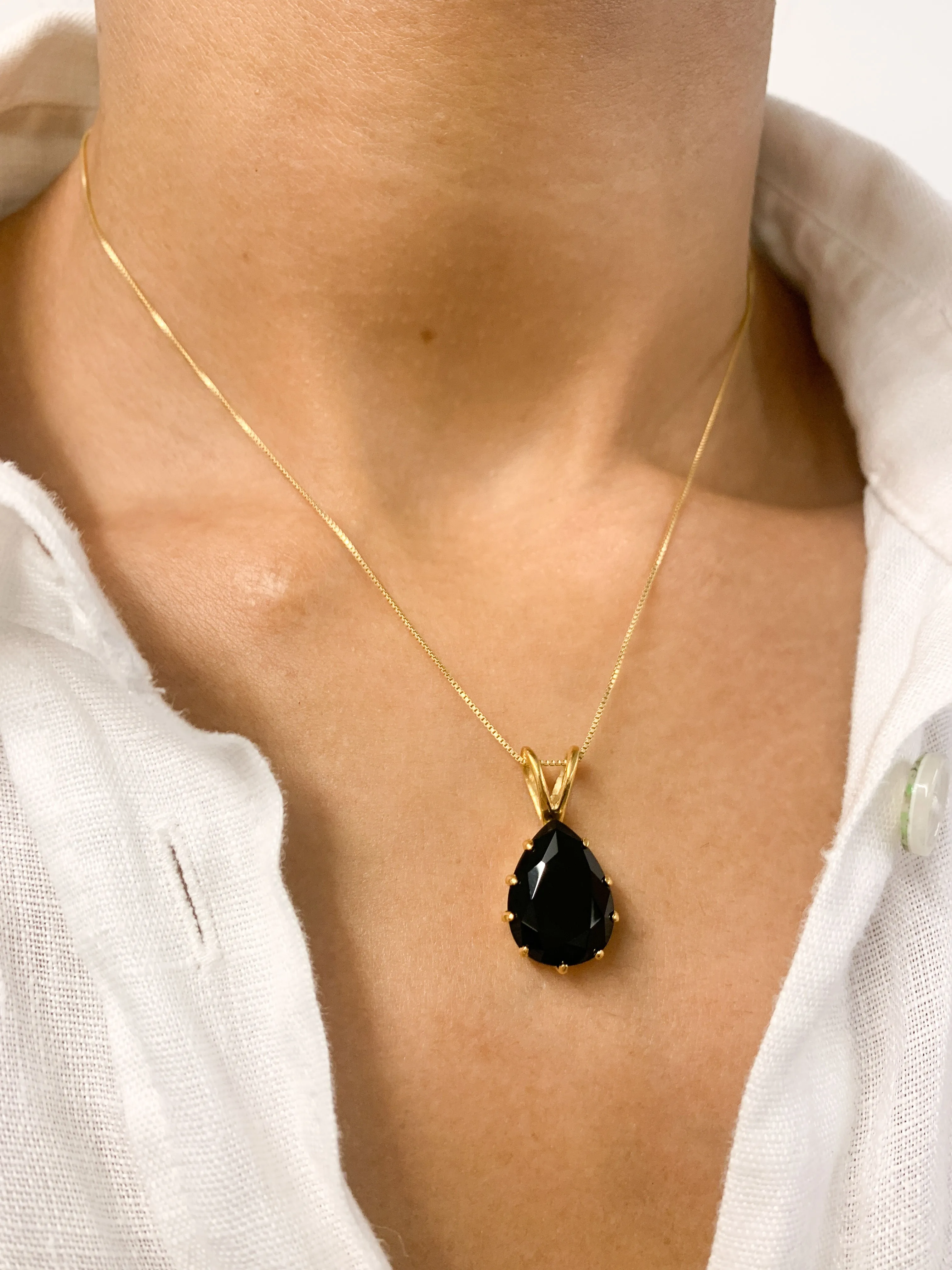 Gold Teardrop Pendant - Natural Onyx Necklace, Large Statement Pendant