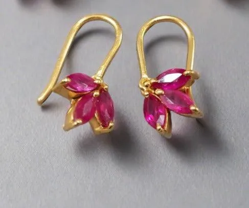 gold vermeil ruby flower earrings with 3 stones