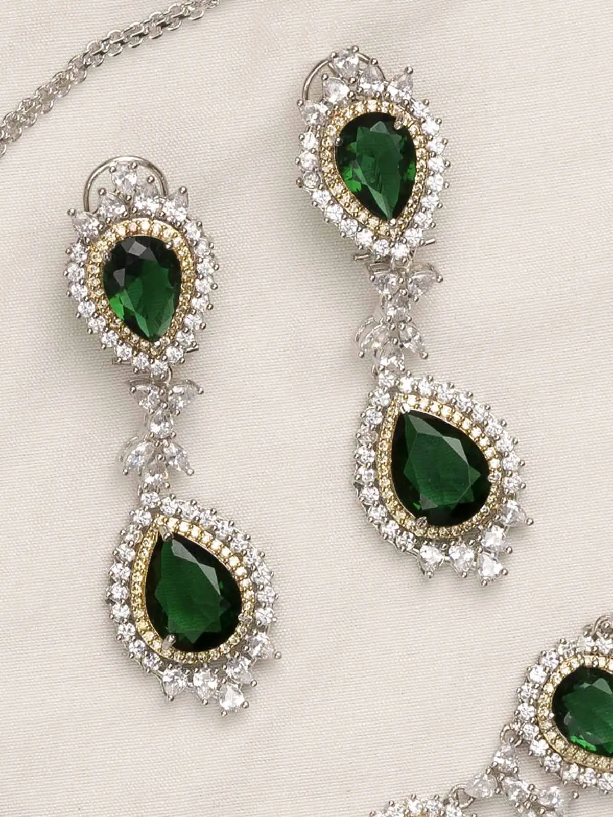 Green Color Silver Plated Faux Diamond Bridal Necklace Set - CZSET298GR