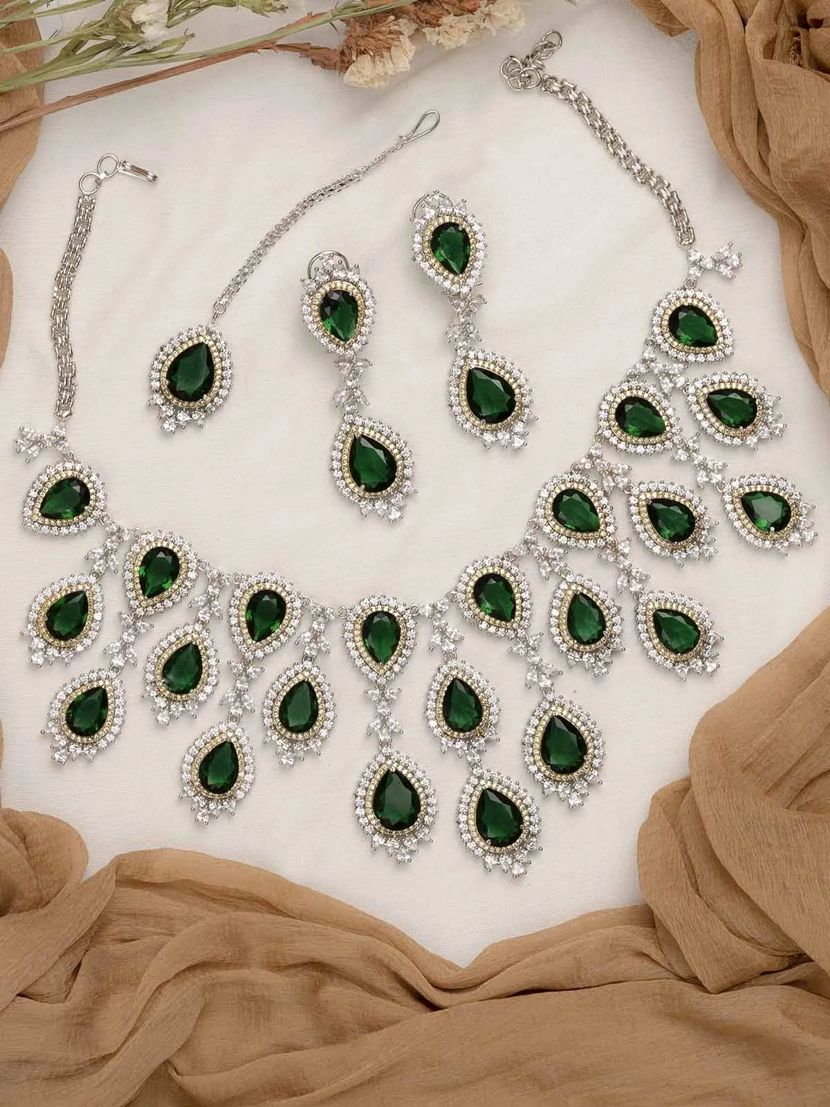 Green Color Silver Plated Faux Diamond Bridal Necklace Set - CZSET298GR