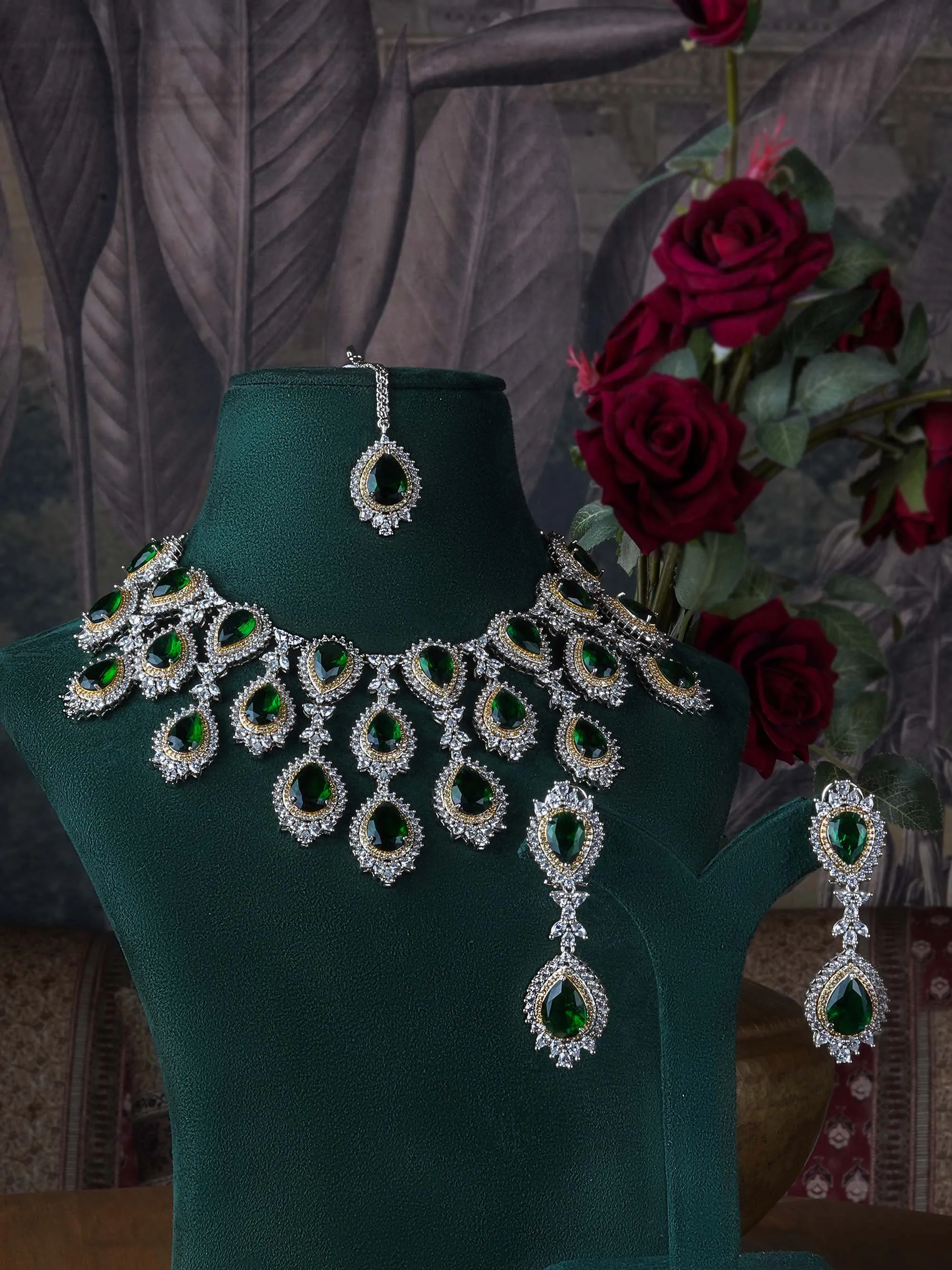 Green Color Silver Plated Faux Diamond Bridal Necklace Set - CZSET298GR