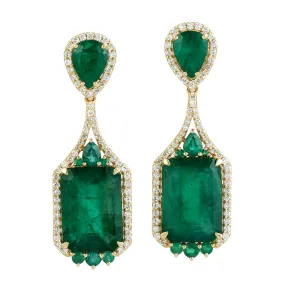 Green Emerald Rich Look Pave Diamond Wedding Danglers In 18k Yellow Gold For Her