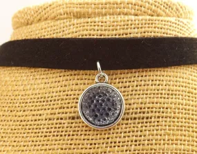 Grey Round 3D Sparkle on Black Dome Pendant on Choker Cord Necklace