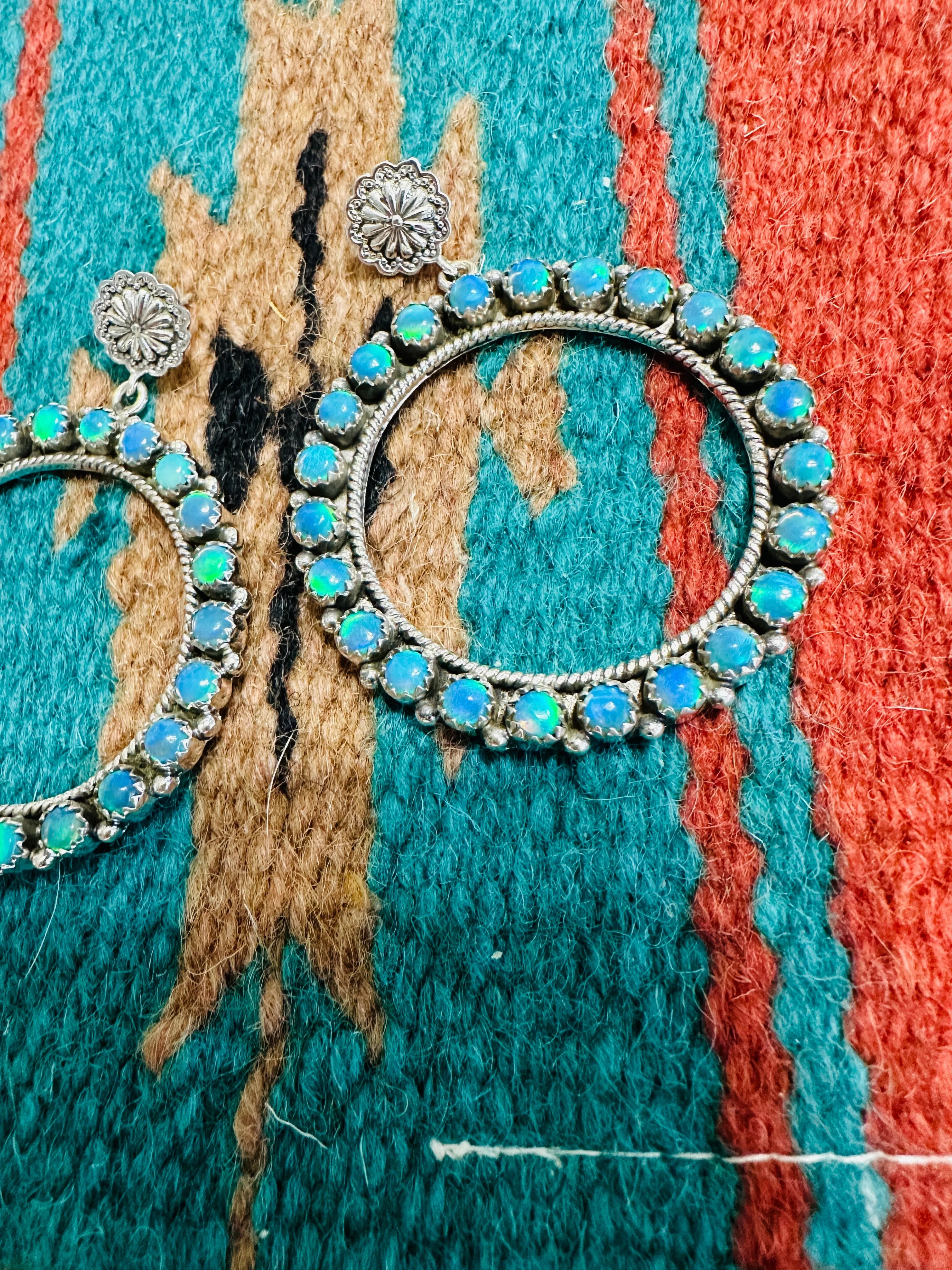 Handmade Blue Opal & Sterling Silver Dangle Hoop Earrings Signed Nizhoni