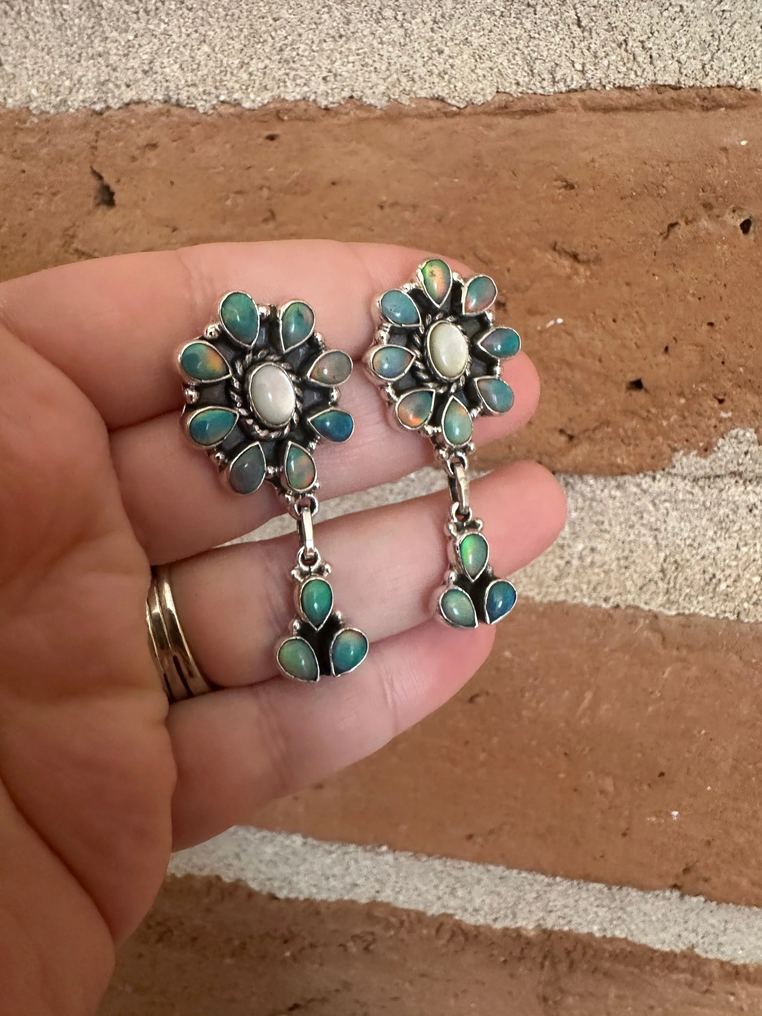 Handmade Sterling Silver, Mother of Pearl & Blue Opal Dangle Earrings