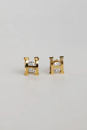 Hayley Gold "H" Rhinestone Stud Earrings