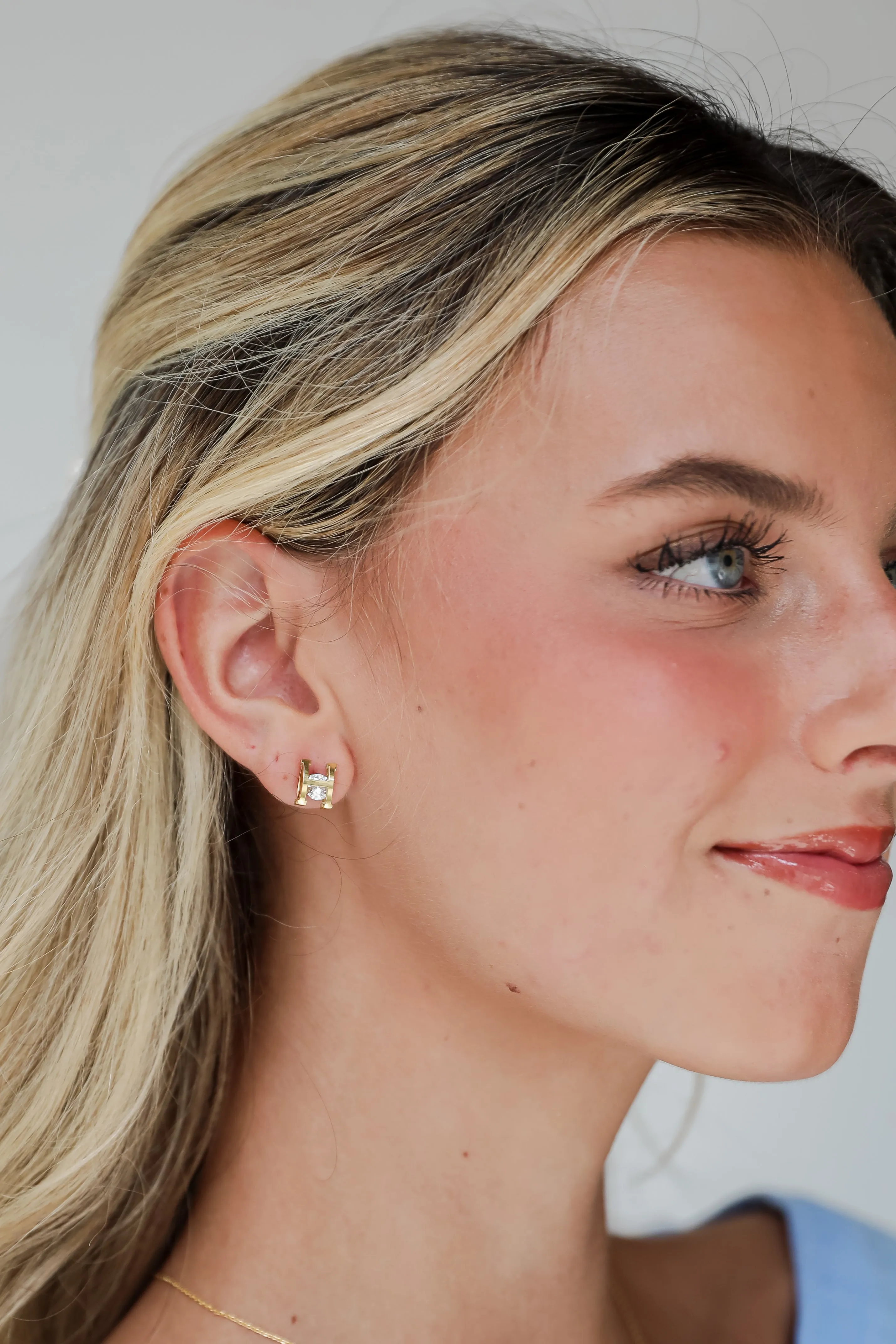 Hayley Gold "H" Rhinestone Stud Earrings