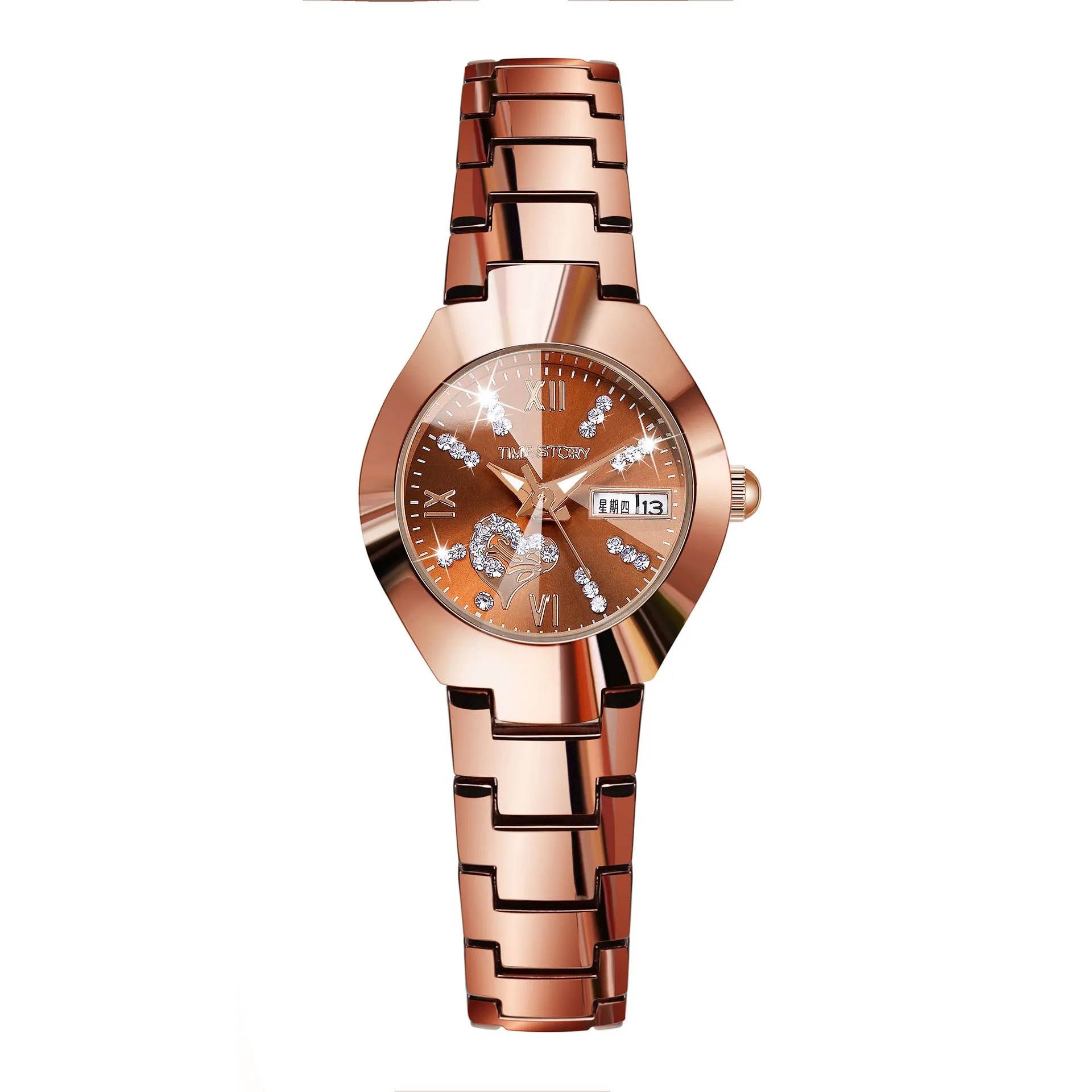 Heart-Shaped Diamond Double Calendar Women's Waterproof Quartz Watch