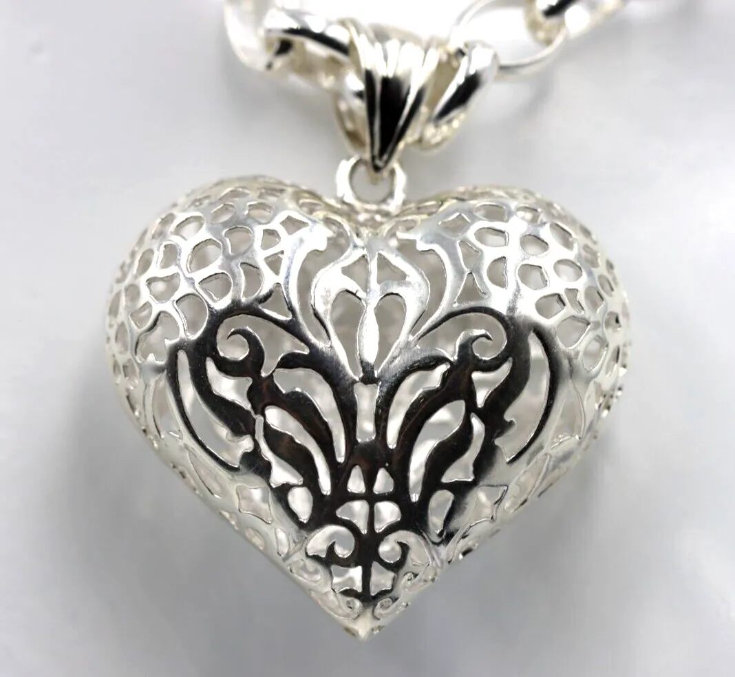 Heavy Sterling Silver 50cm Belcher Necklace & Filigree Heart Pendant