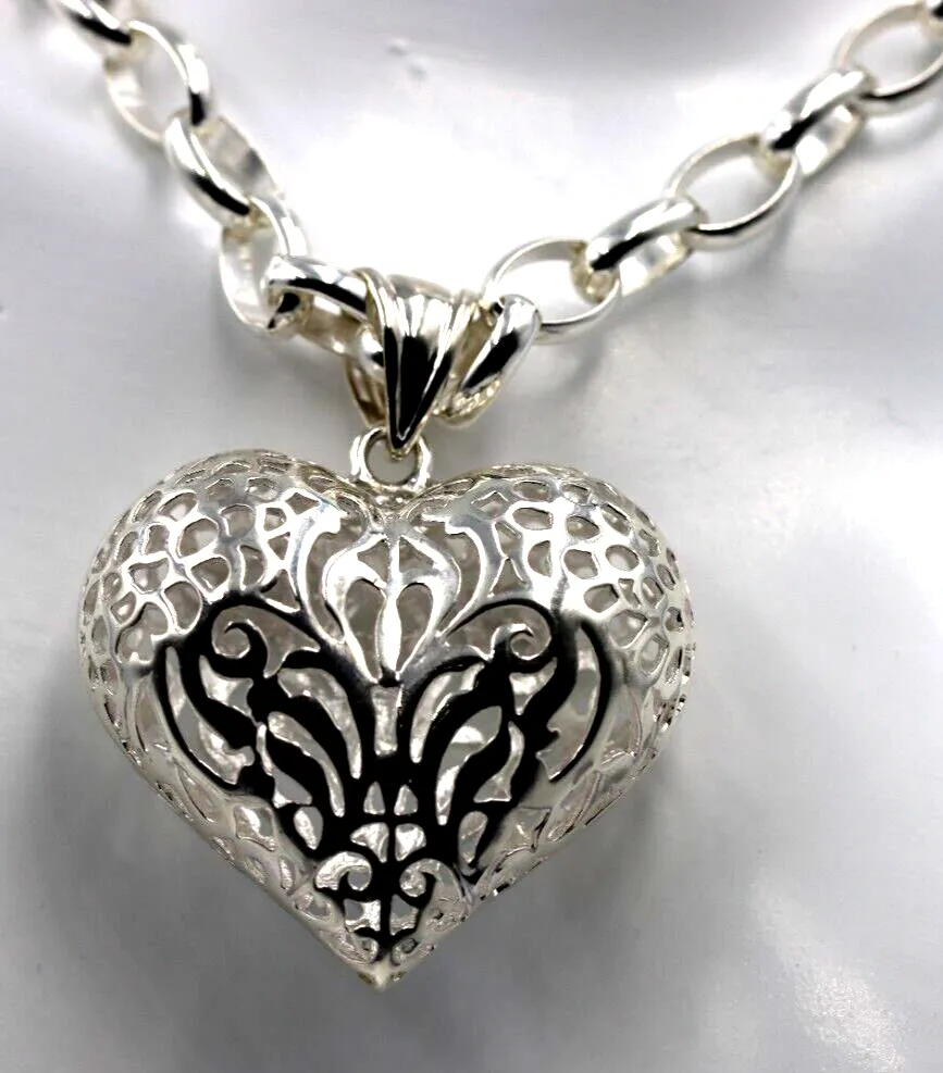 Heavy Sterling Silver 50cm Belcher Necklace & Filigree Heart Pendant