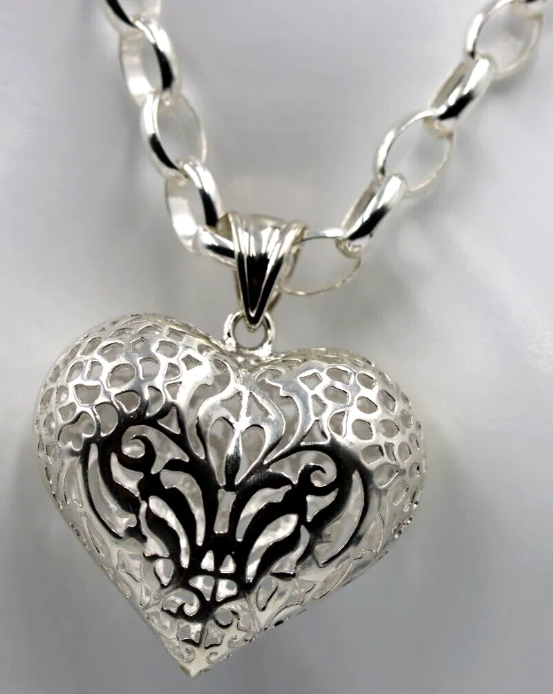 Heavy Sterling Silver 50cm Belcher Necklace & Filigree Heart Pendant