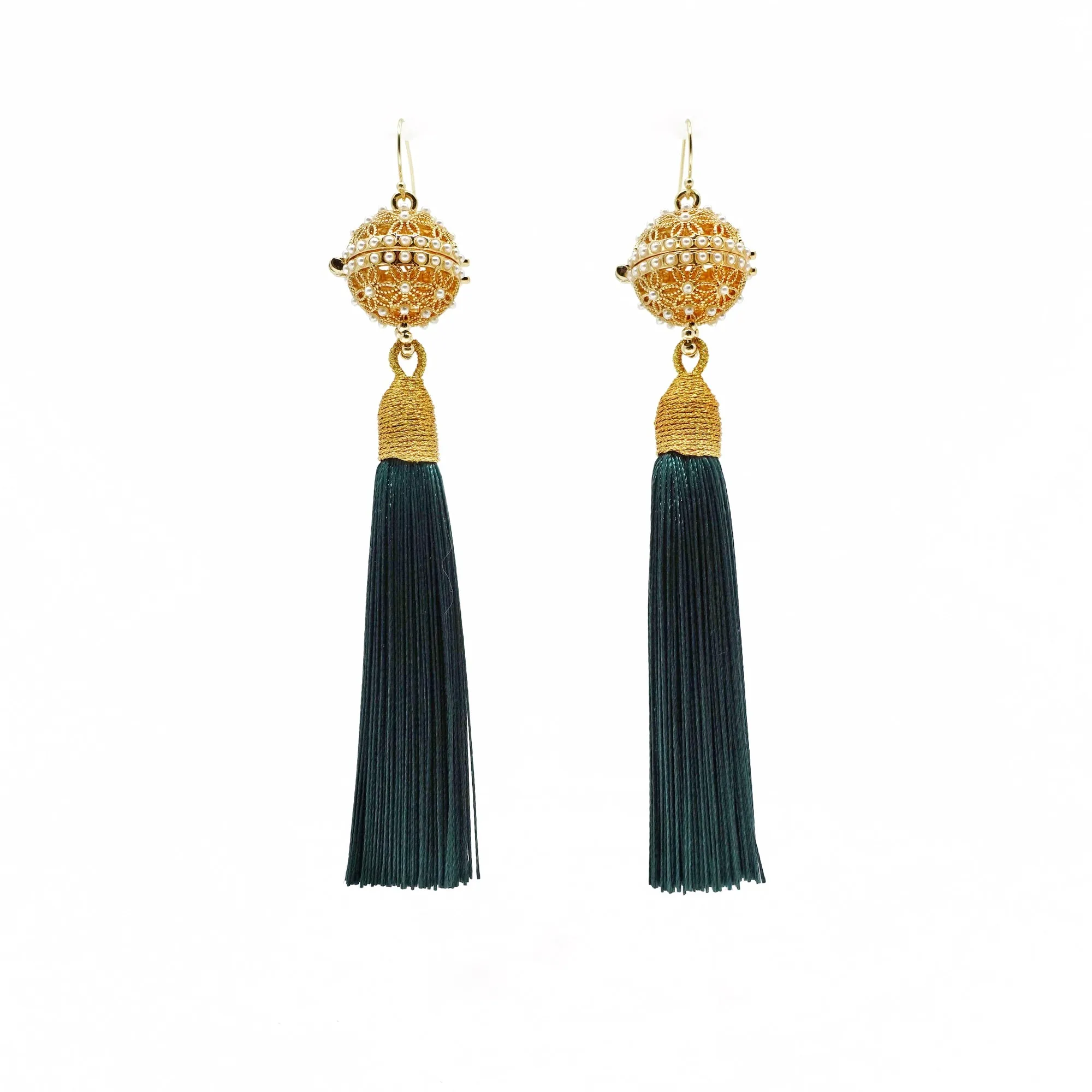 Herbal Locket Silk Tassel Earrings - Deep Green