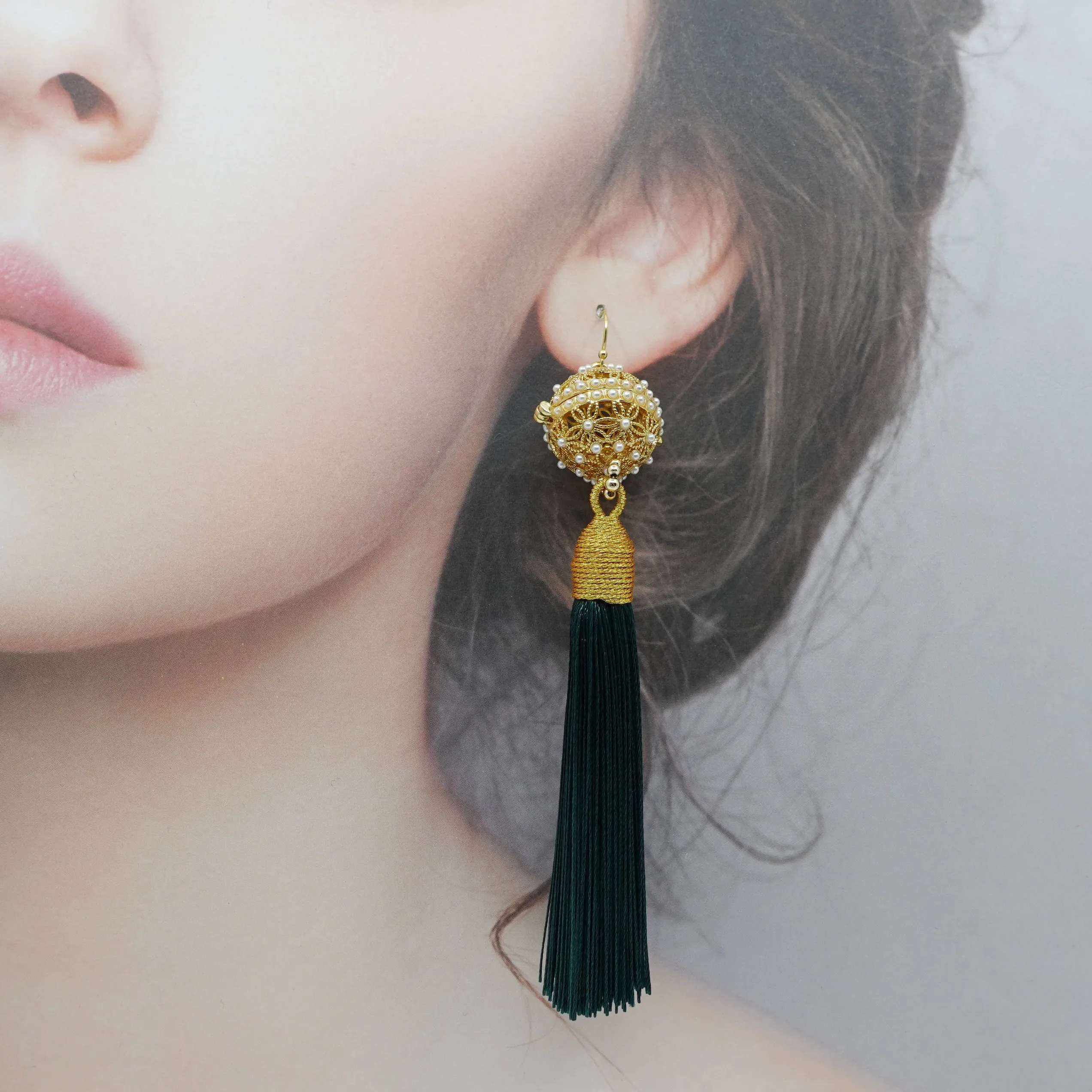 Herbal Locket Silk Tassel Earrings - Deep Green