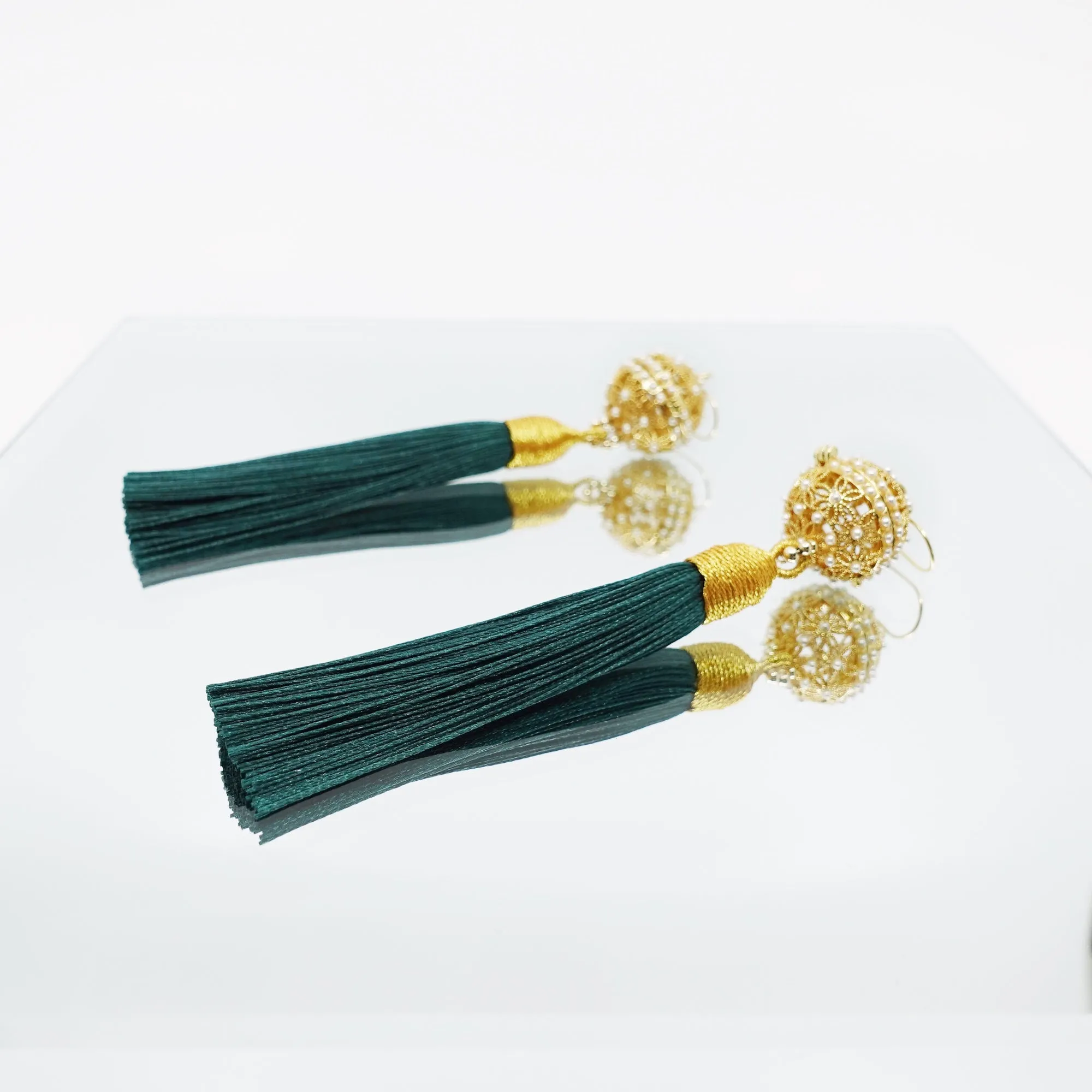 Herbal Locket Silk Tassel Earrings - Deep Green