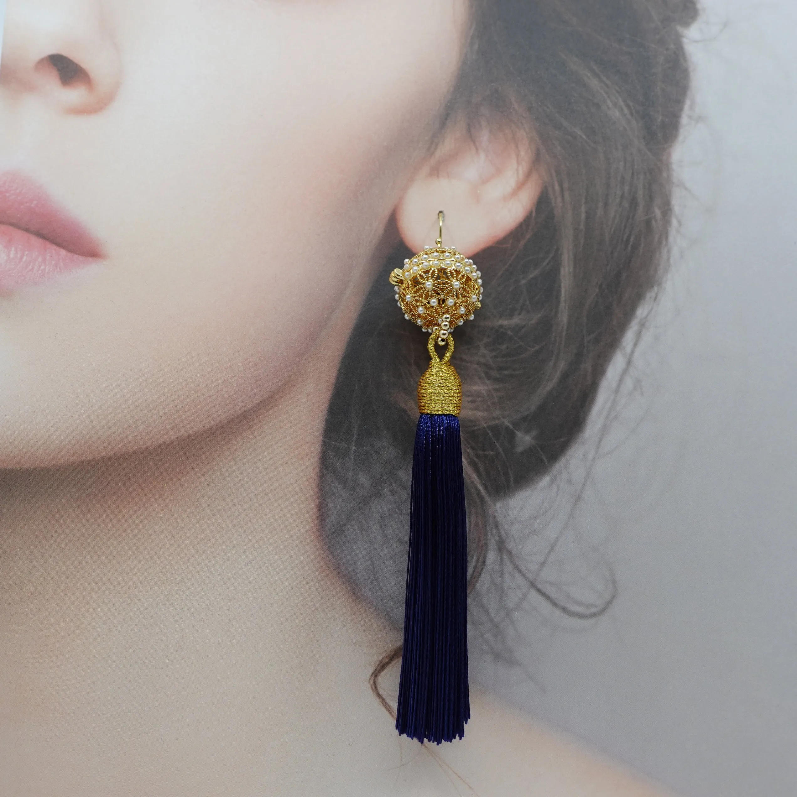 Herbal Locket Silk Tassel Earrings - Navy Blue