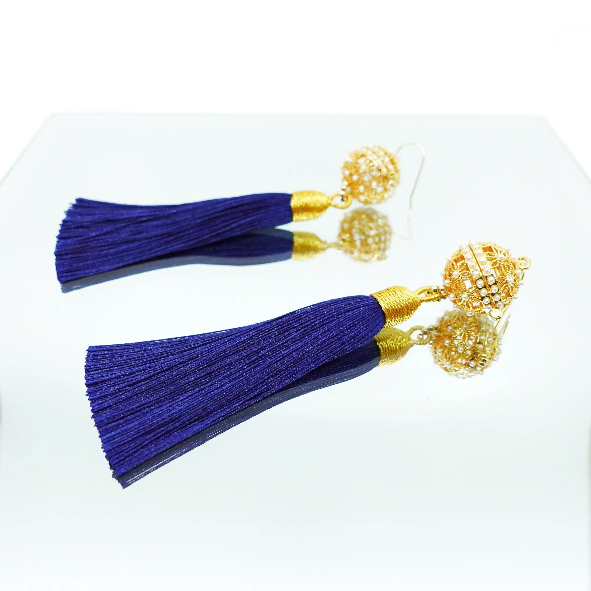 Herbal Locket Silk Tassel Earrings - Navy Blue