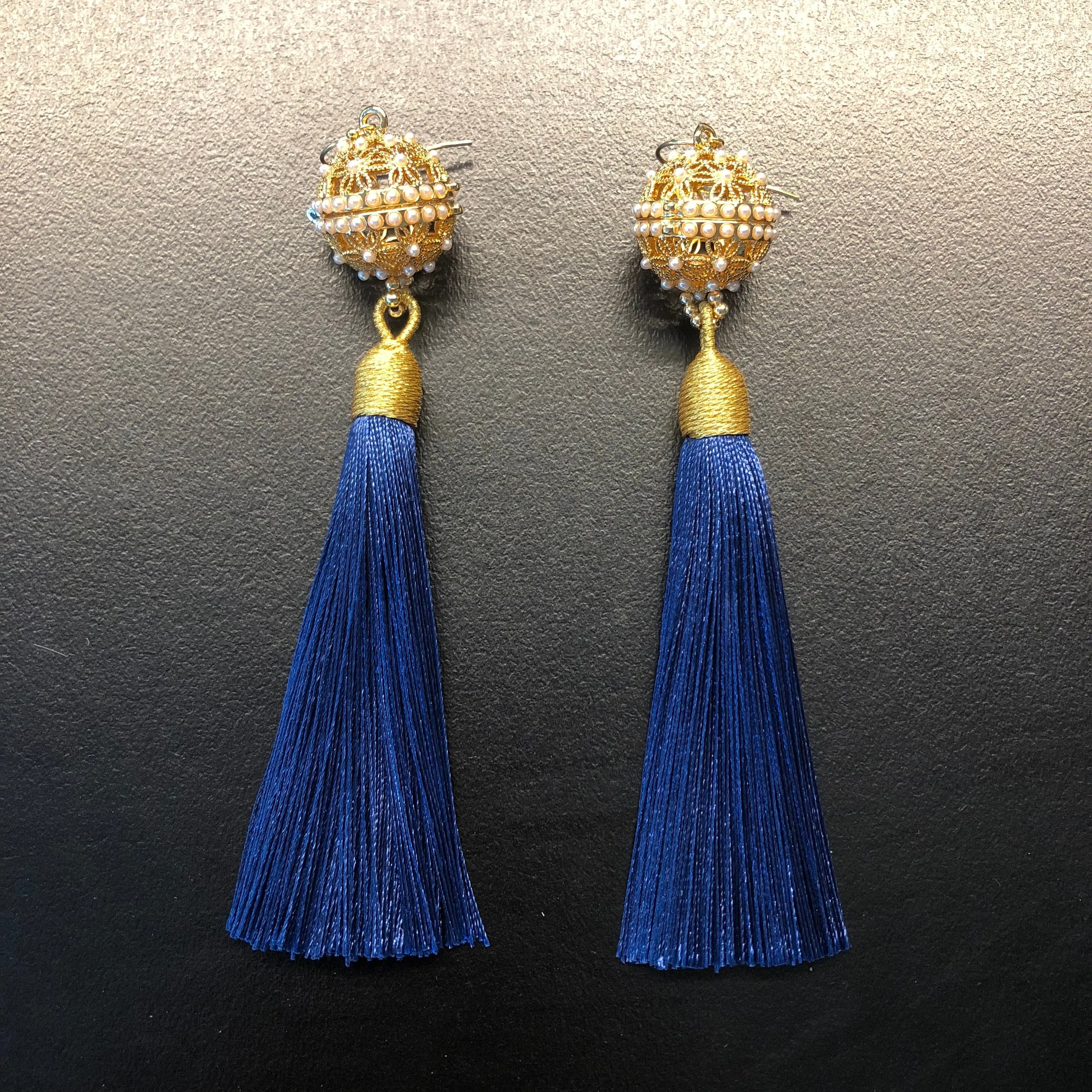 Herbal Locket Silk Tassel Earrings - Navy Blue