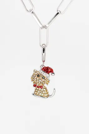 Holiday Kitty Cat Crystal Sterling Silver Charm With Paperclip Bracelet