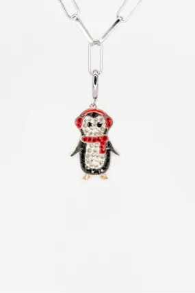 Holiday Penguin Crystal Sterling Silver Charm With Paperclip Bracelet (RED)