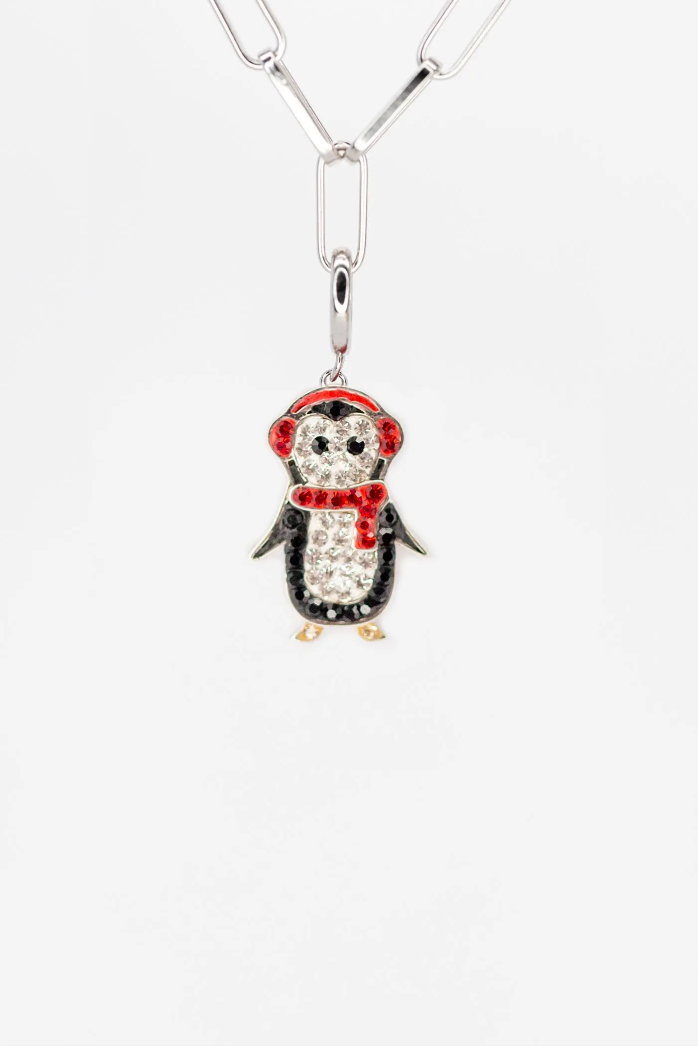 Holiday Penguin Crystal Sterling Silver Charm With Paperclip Bracelet (RED)