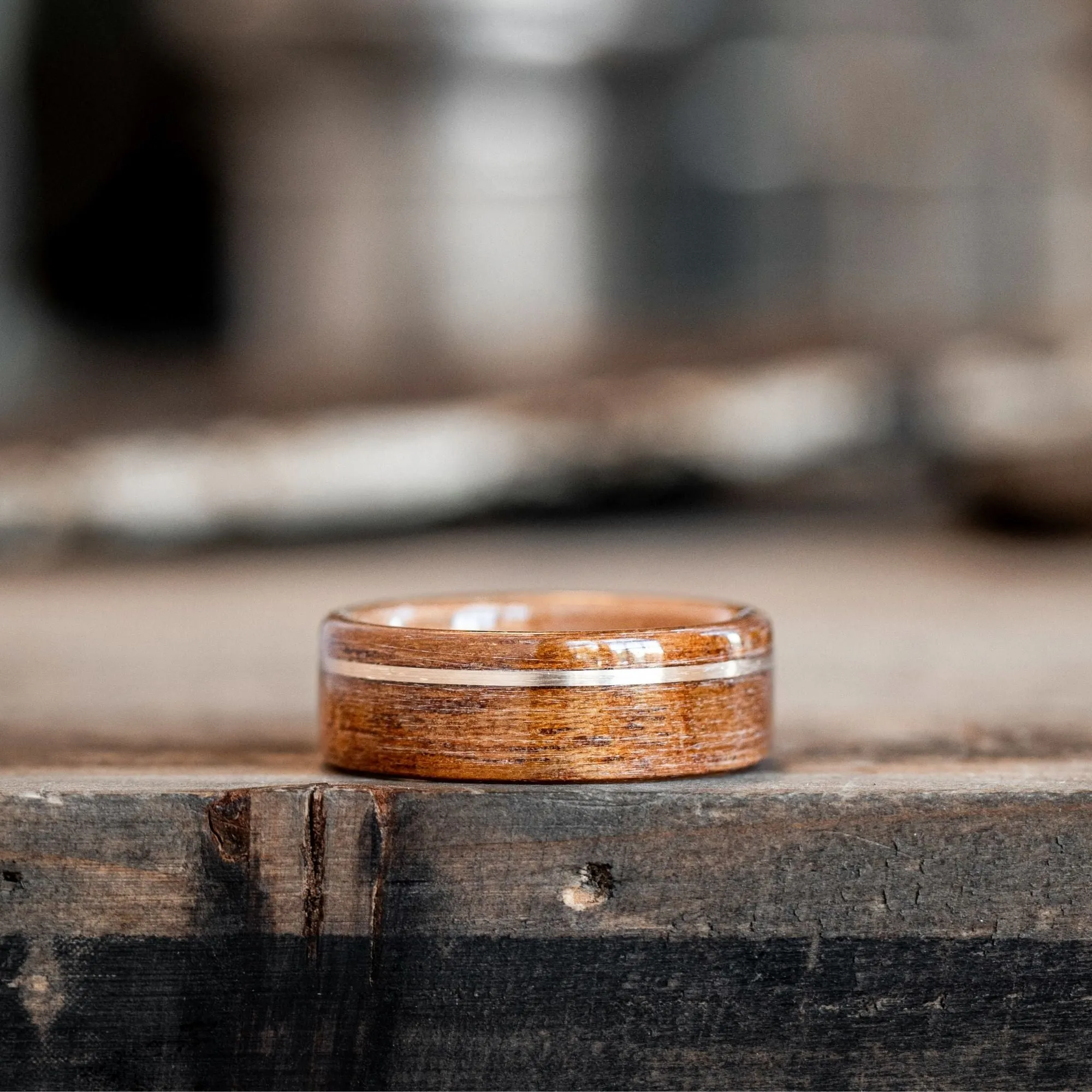 (In-Stock) The USS New Jersey | Men's Battleship Teak Wood Wedding Band with Whiskey Barrel Liner & 14k Yellow Gold Inlay - Size 7 | 7mm Wide