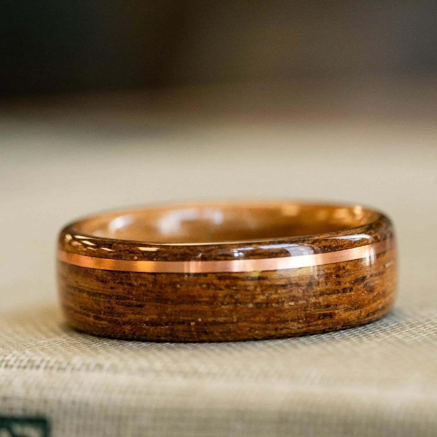 (In-Stock) The USS New Jersey - USS New Jersey Teak Wedding Band with Whiskey Barrel and Offset Copper Inlay - Size 11.5 | 8mm Wide