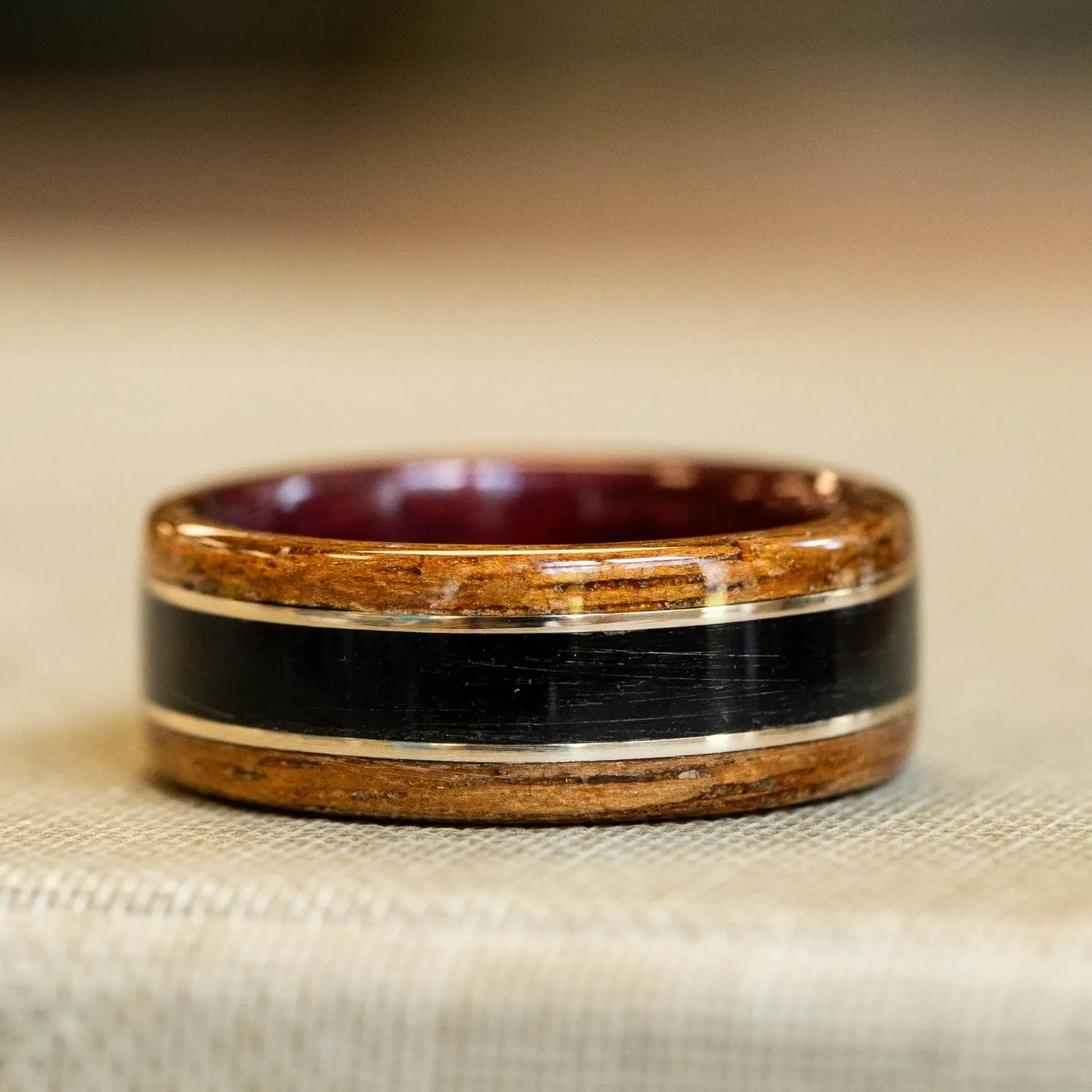 (In-Stock) USS New Jersey Wooden Ring, Purple Heart, Custom Fabric & Dual White Gold - Size 7.5 | 8mm Wide