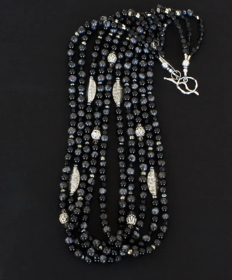 Indigo Gabbro & Black Onyx Rounds 5-Strand Necklace with Black Czechoslovakian Nailheads, Hill Tribe Silver Flat Ovals, and Sterling Silver Ornate Rounds and Toggle Clasp