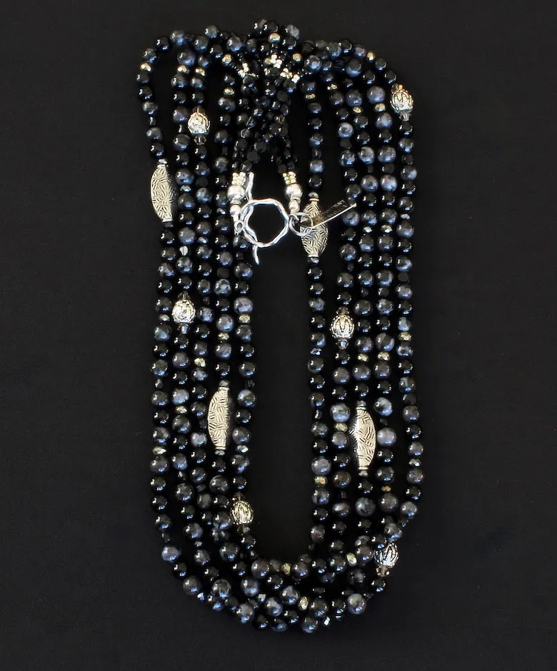 Indigo Gabbro & Black Onyx Rounds 5-Strand Necklace with Black Czechoslovakian Nailheads, Hill Tribe Silver Flat Ovals, and Sterling Silver Ornate Rounds and Toggle Clasp