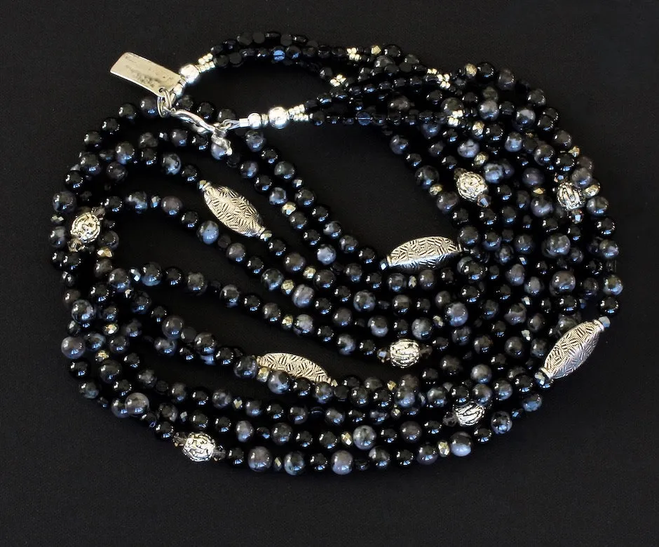 Indigo Gabbro & Black Onyx Rounds 5-Strand Necklace with Black Czechoslovakian Nailheads, Hill Tribe Silver Flat Ovals, and Sterling Silver Ornate Rounds and Toggle Clasp