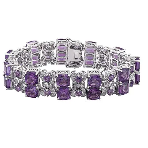 Jewelili Sterling Silver 8 x 8mm Cushion Shape Amethyst and Round Shape White Topaz Tennis Bracelet, 7.5"