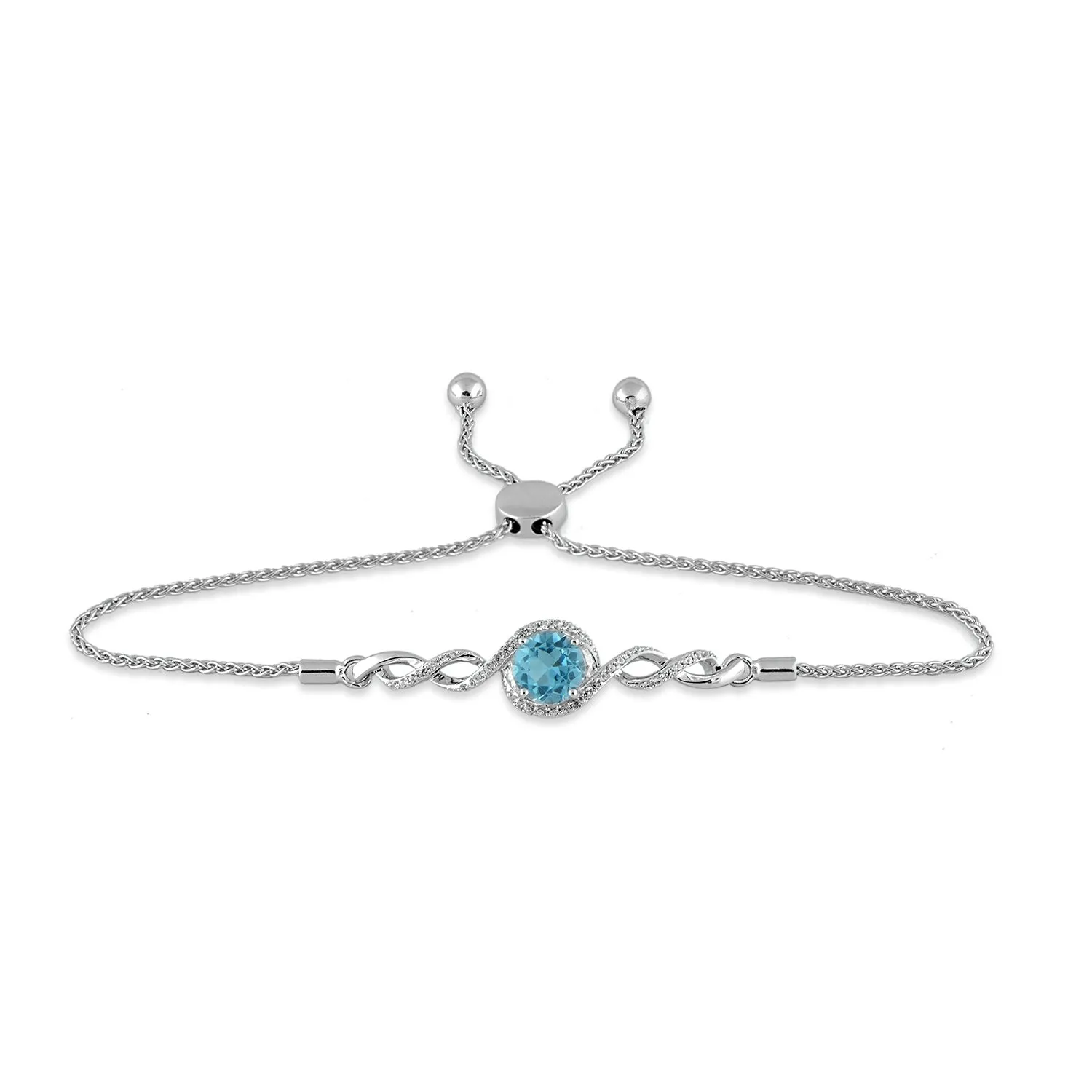 Jewelili Sterling Silver With Round Shape Swiss Blue Topaz and Round Created White Sapphire Bolo Bracelet, Earrings and Pendant Necklace Jewelry Set