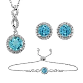 Jewelili Sterling Silver With Round Shape Swiss Blue Topaz and Round Created White Sapphire Bolo Bracelet, Earrings and Pendant Necklace Jewelry Set