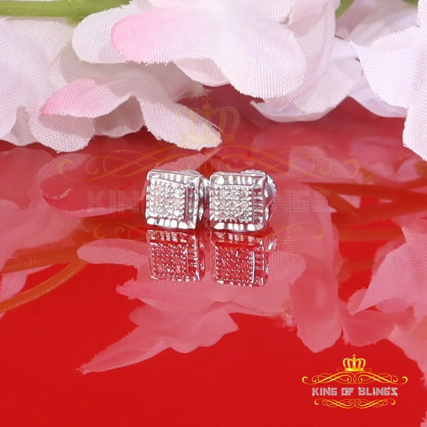 King Of Bling's 0.05ct Diamond For White 925 Sterling Silver Men's & Women's Square Earrings