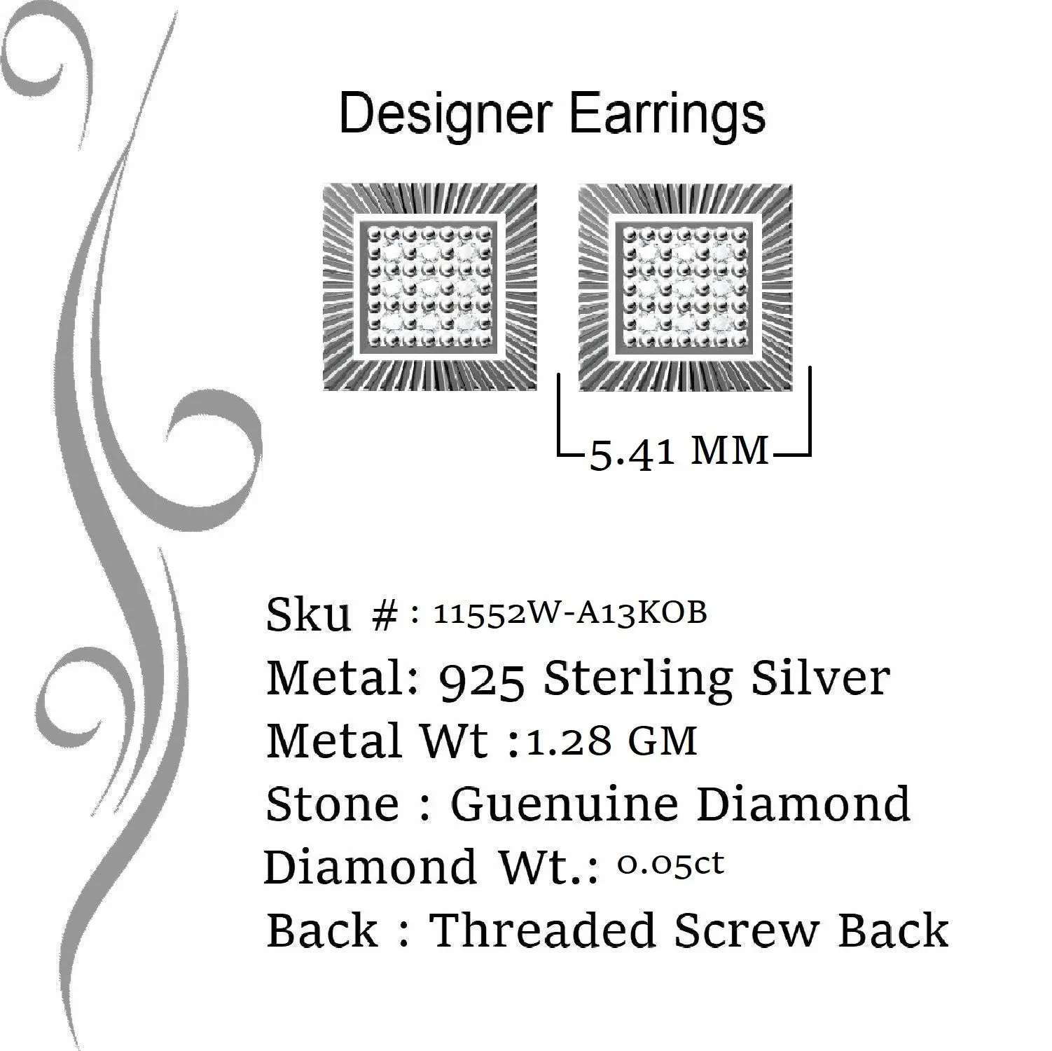 King Of Bling's 0.05ct Diamond For White 925 Sterling Silver Men's & Women's Square Earrings