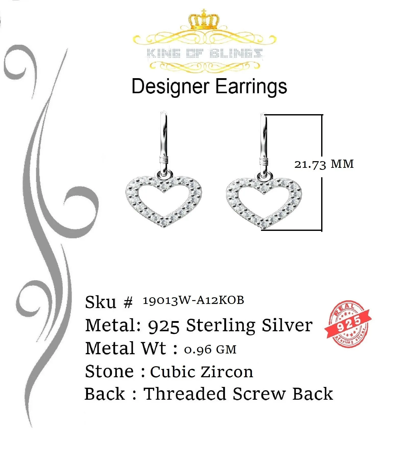 King of Blings- 925 White Silver 0.58ct Cubic Zirconia Cluster Women's Dangling Heart Earrings