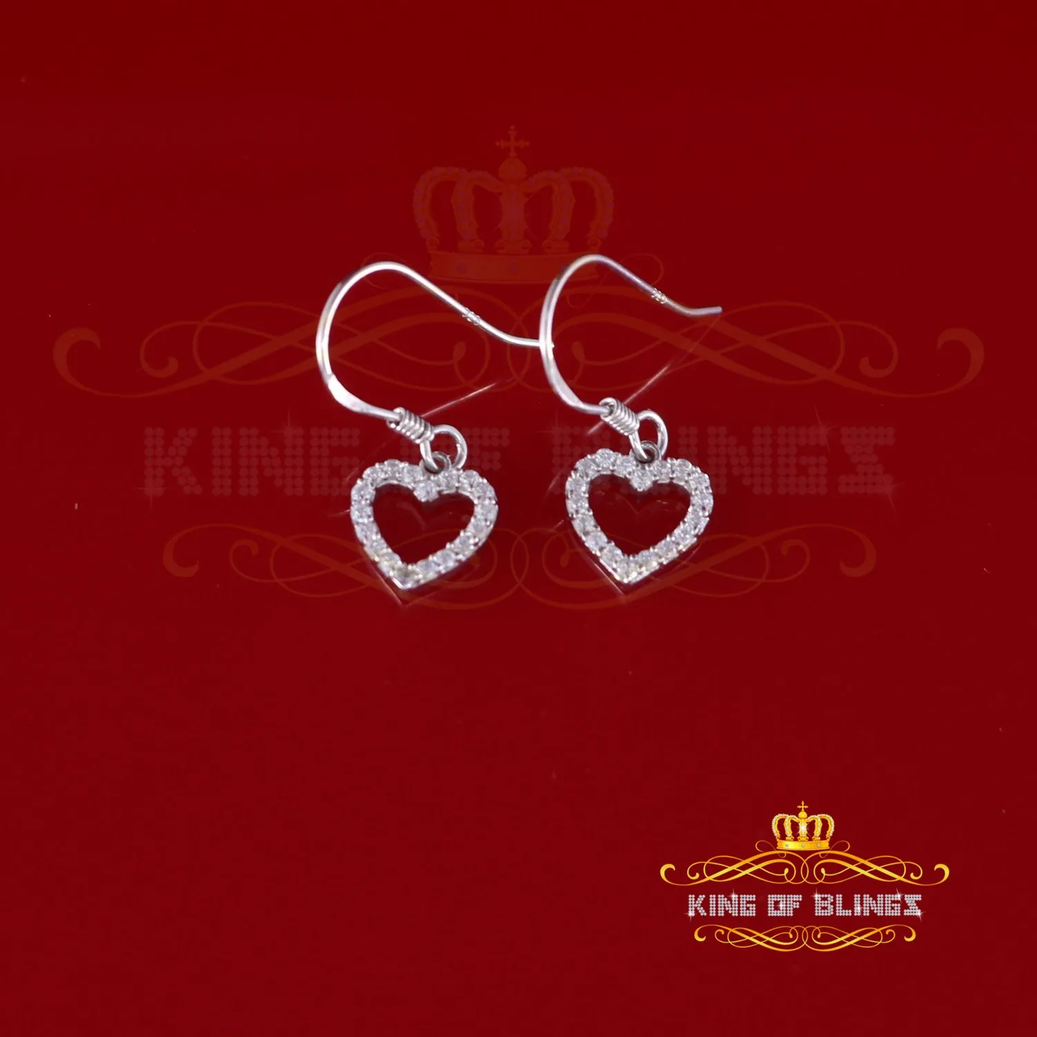 King of Blings- 925 White Silver 0.58ct Cubic Zirconia Cluster Women's Dangling Heart Earrings