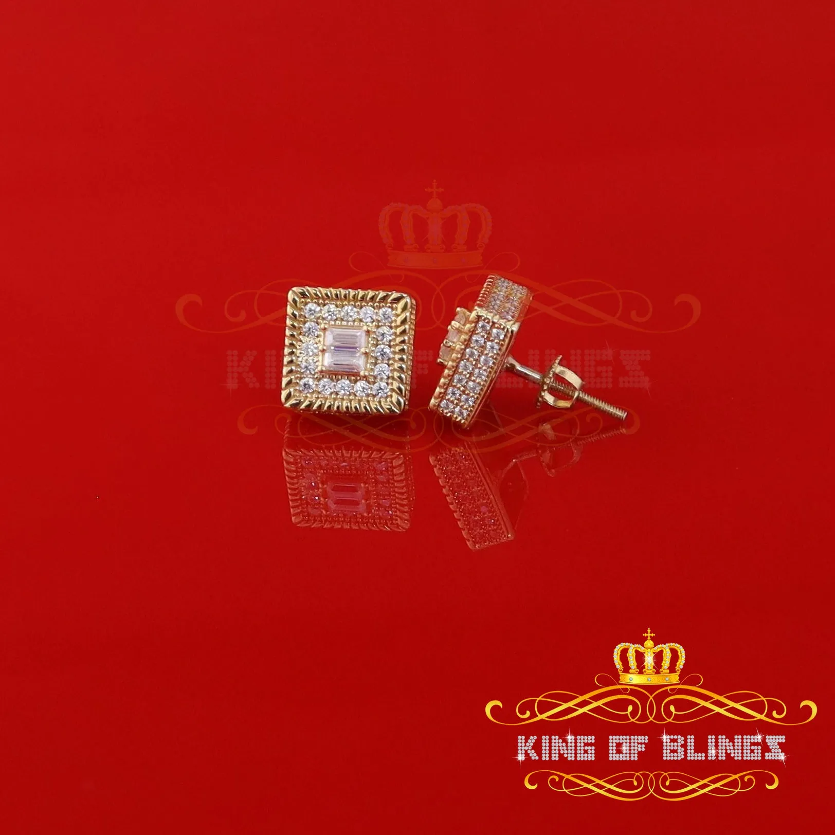 King  of Bling's 925 Yellow Silver 1.00ct VVS-D Moissanite Women's/Men's Square Stud Earrings