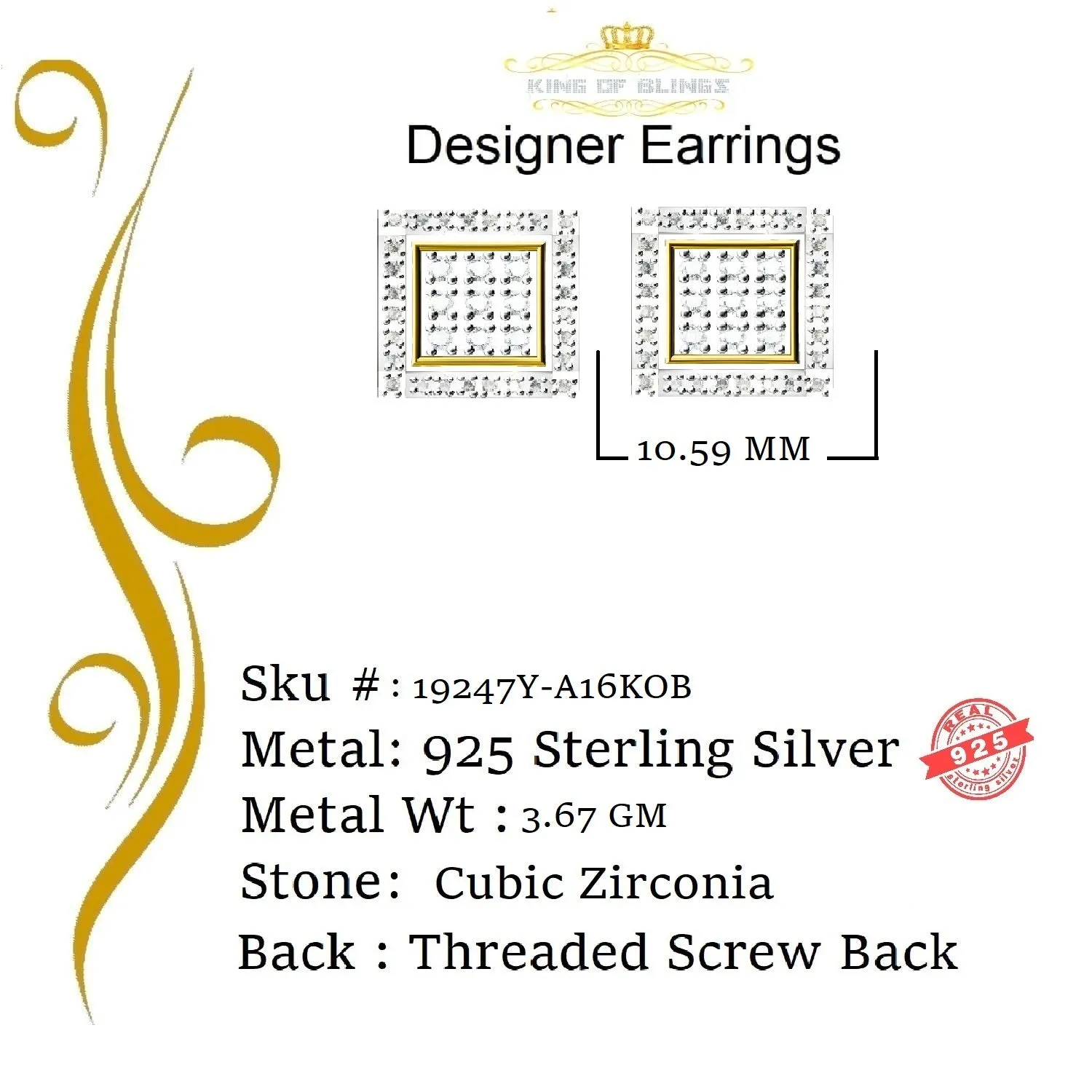 King of Bling's Elegant Square Yellow 925 Silver Screw Back 1.05ct Cubic Zirconia Ladies Earring