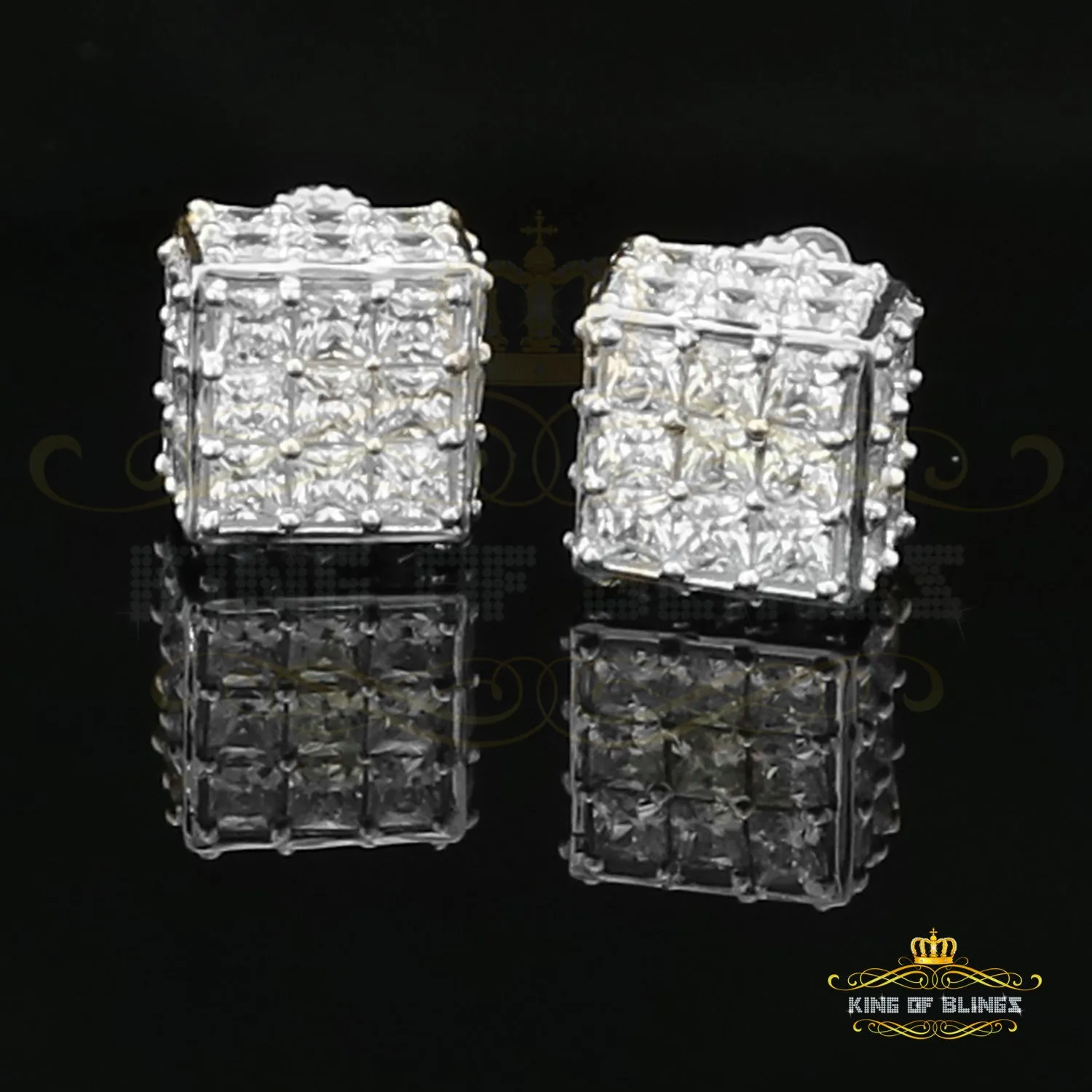 King of Blings- Hip Hop 925 White Silver 5.94ct Cubic Zirconia Women's & Men's Square Earrings