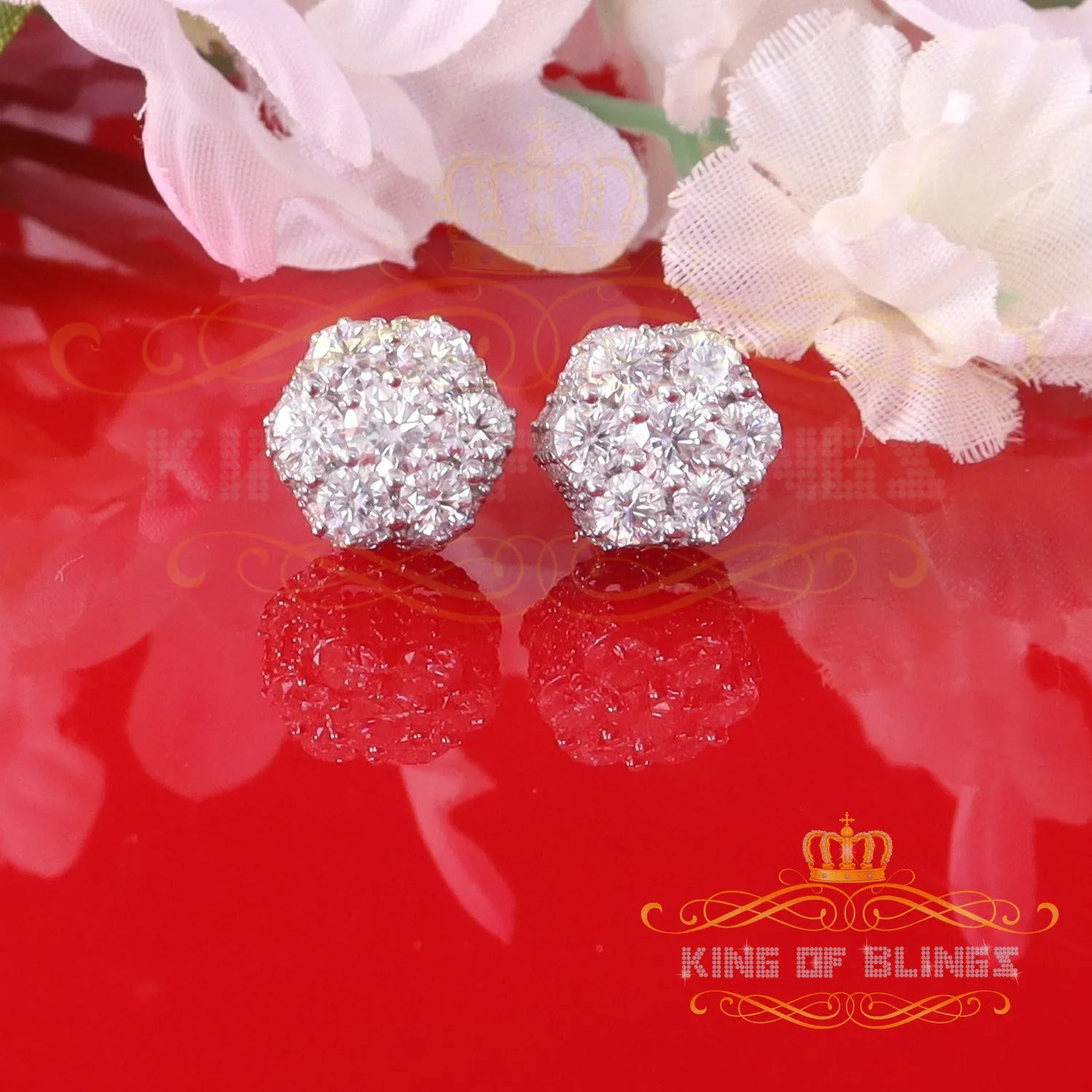 King of Bling's Men's/Women's 925 Silver White 2.00ct VVS 'D' Moissanite Floral Stud Earrings