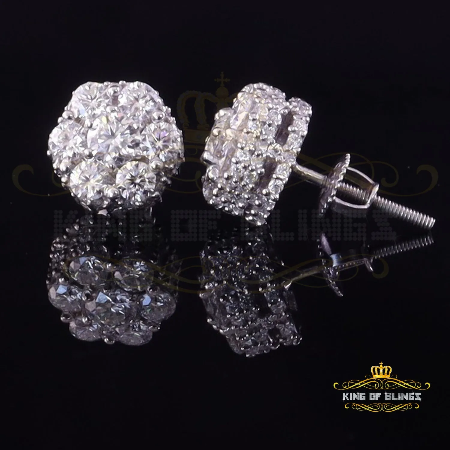 King of Bling's Men's/Women's 925 Silver White 2.00ct VVS 'D' Moissanite Floral Stud Earrings