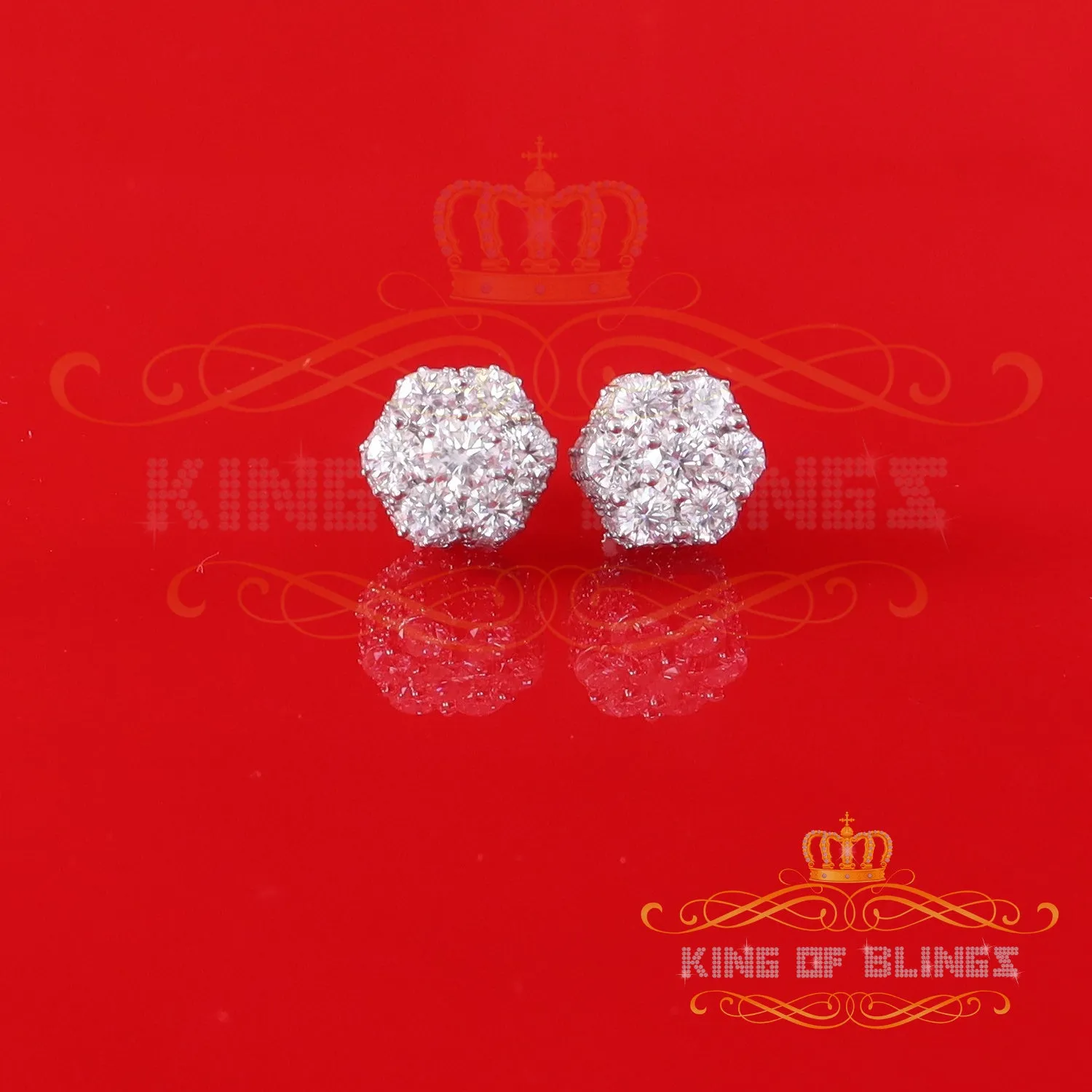 King of Bling's Men's/Women's 925 Silver White 2.00ct VVS 'D' Moissanite Floral Stud Earrings