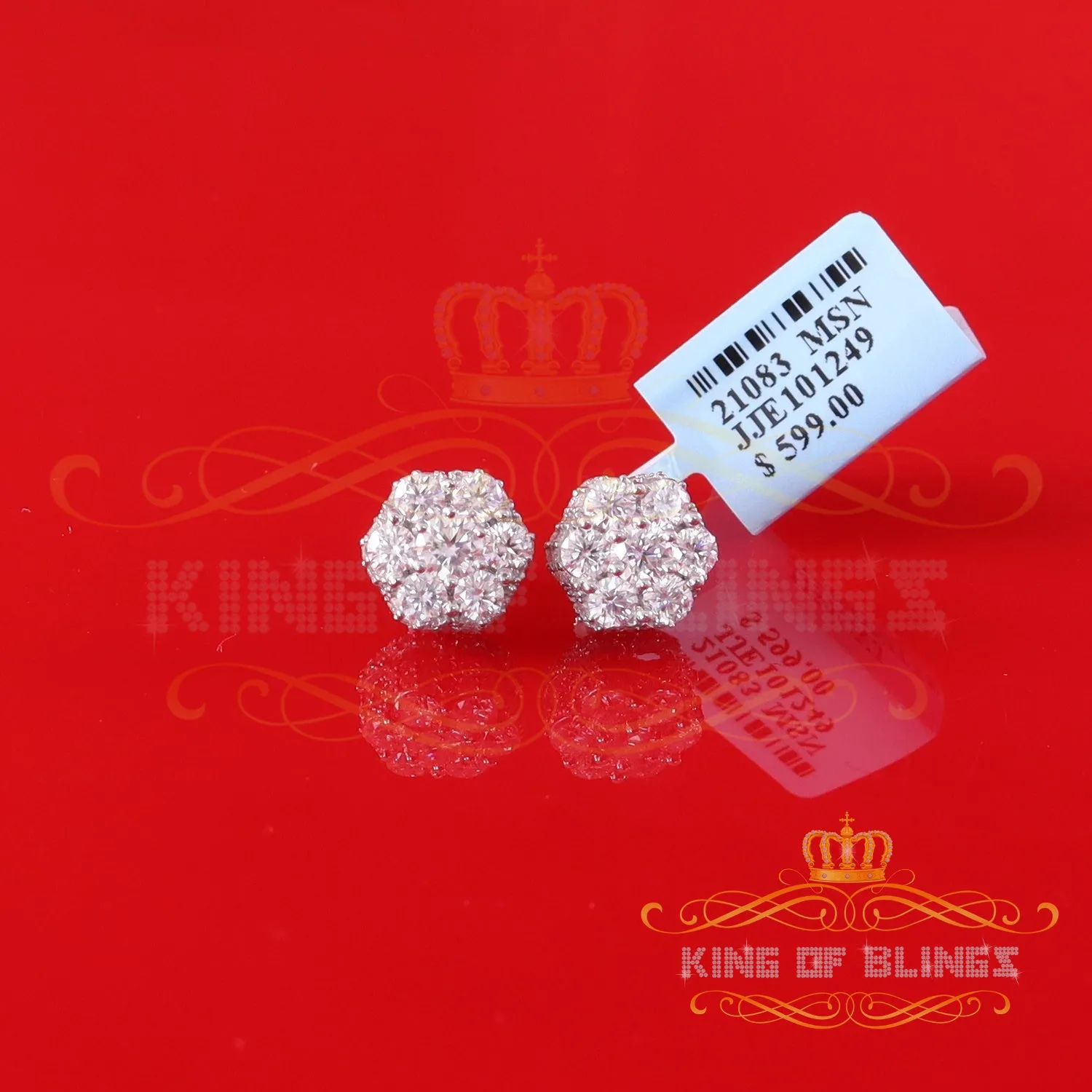 King of Bling's Men's/Women's 925 Silver White 2.00ct VVS 'D' Moissanite Floral Stud Earrings