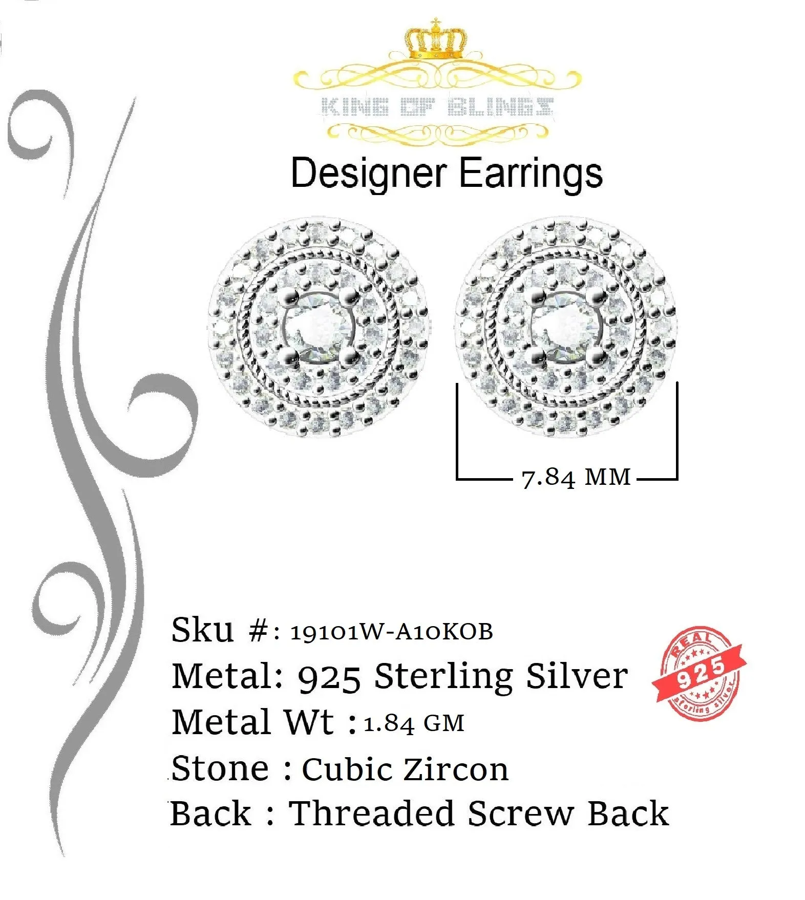 King of Blings- White Sterling Silver 0.78ct Cubic Zirconia Ladies 925 Hip Hop Round Earrings